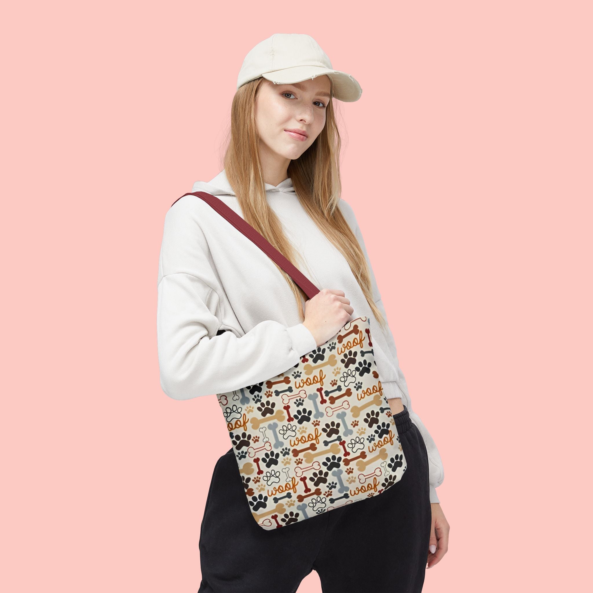 Dog Paw & Bone Pattern Tote Bag — 'Woof' All-Over Print Canvas Tote