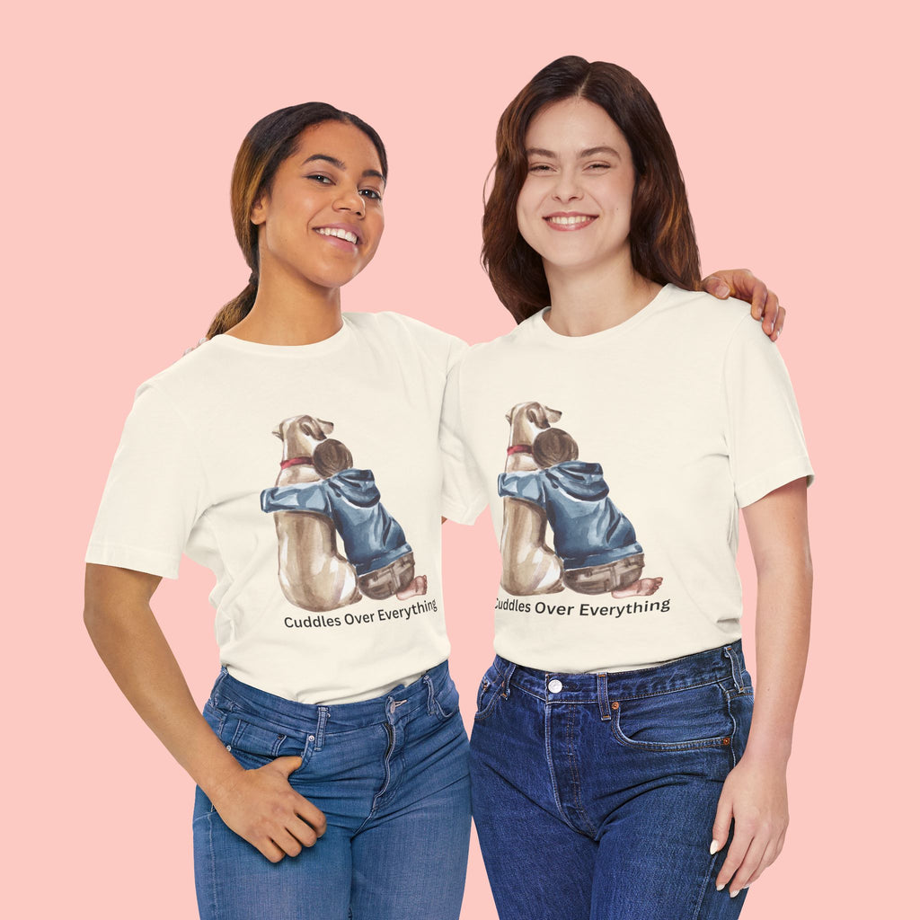 Cuddles Over Everything Tee — Boy Hugging Dog Animal Lover T-Shirt