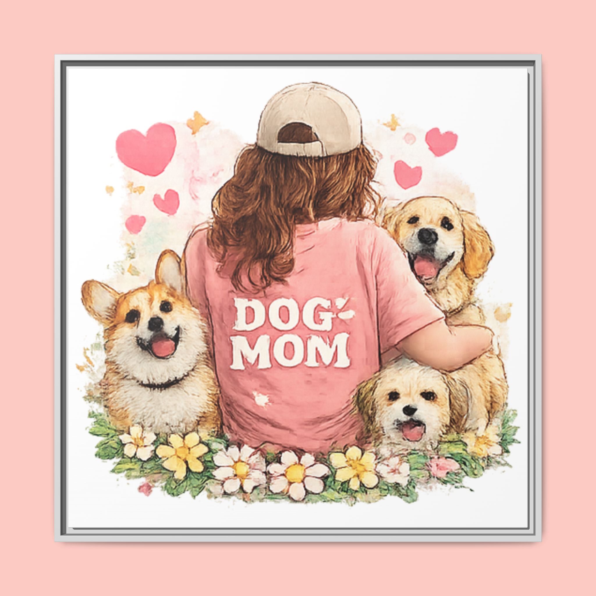 Dog Mom Canvas Print — Framed Matte Wall Art with Cute Dogs & Hearts