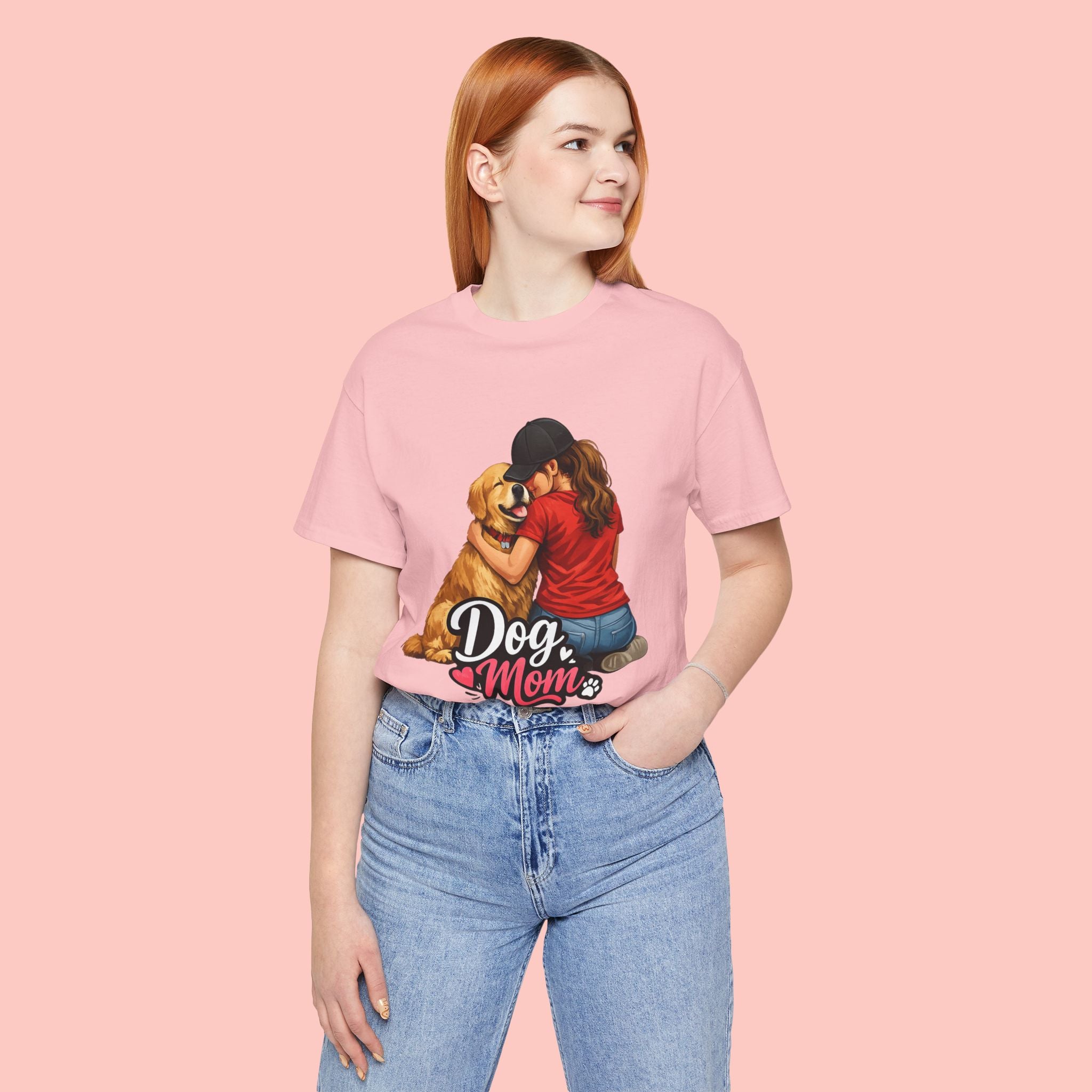 Dog Mom T-Shirt - Cute Woman Hugging Golden Retriever Tee