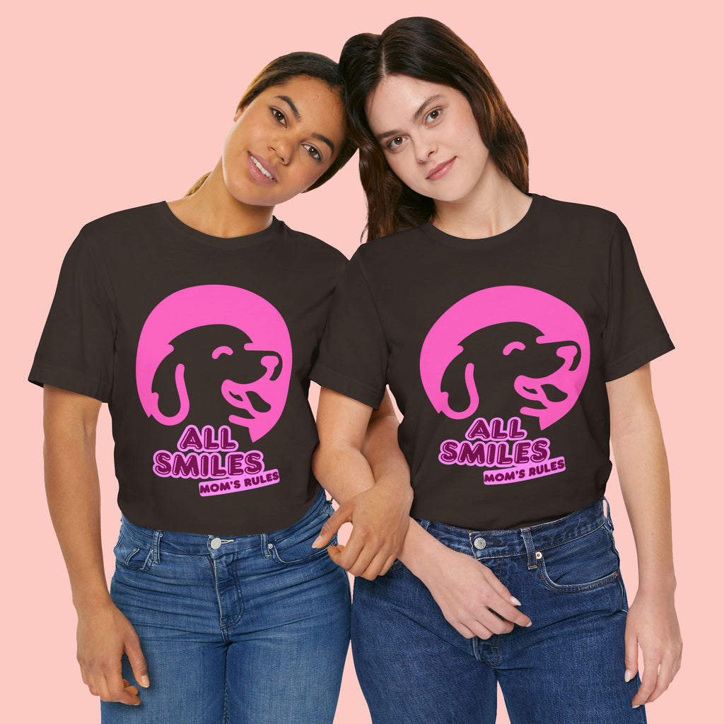 All Smiles Mom's Rules T-Shirt — Cute Pink Dog Graphic Tee for Moms & Pet Lovers