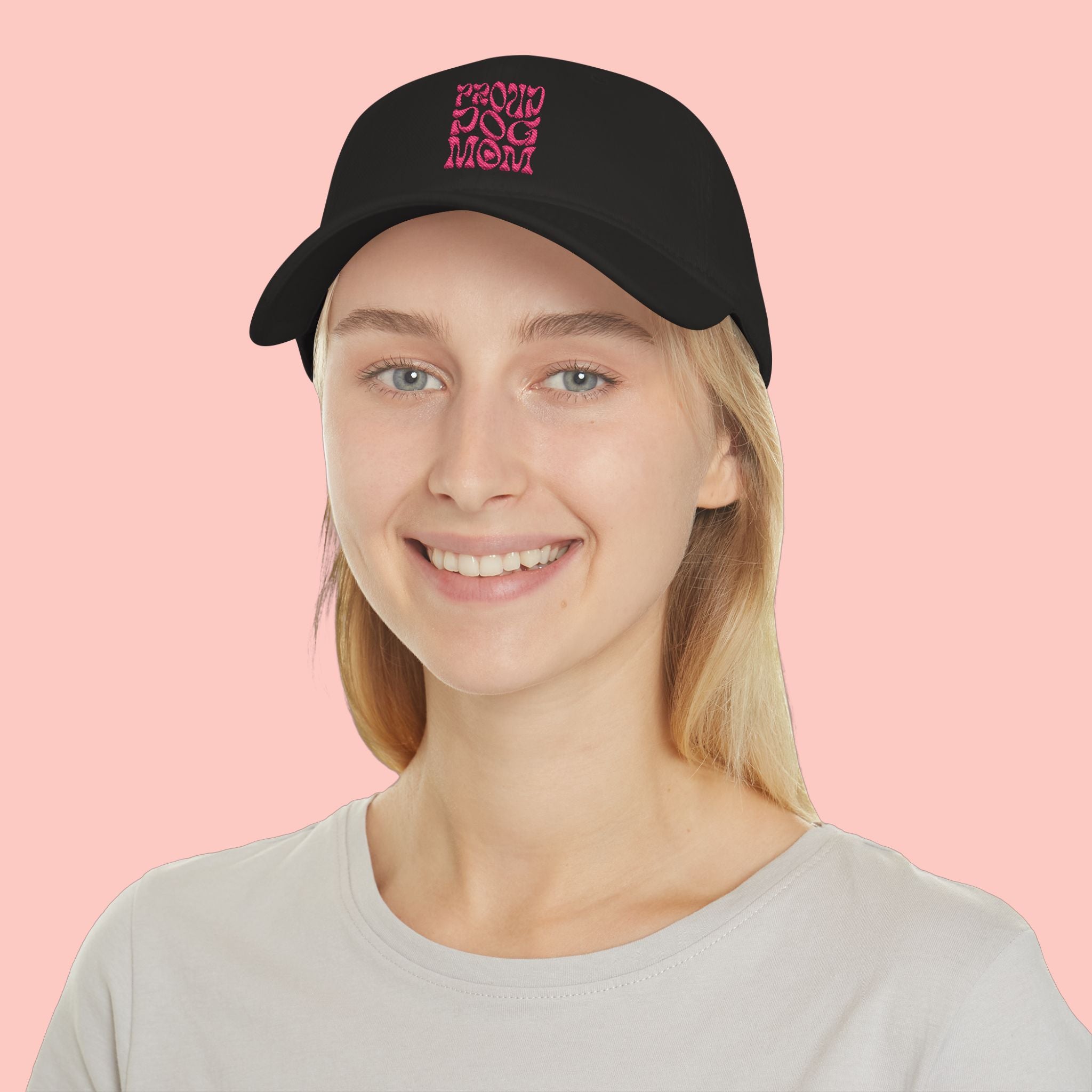 Low Profile Baseball Cap – 'Dog Mom' Pink Leopard Square Embroidered Hat