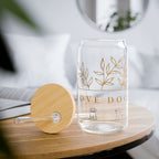 16oz Glass Sipper Tumbler — “Love Dogs” Botanical Design with Bamboo Lid & Straw