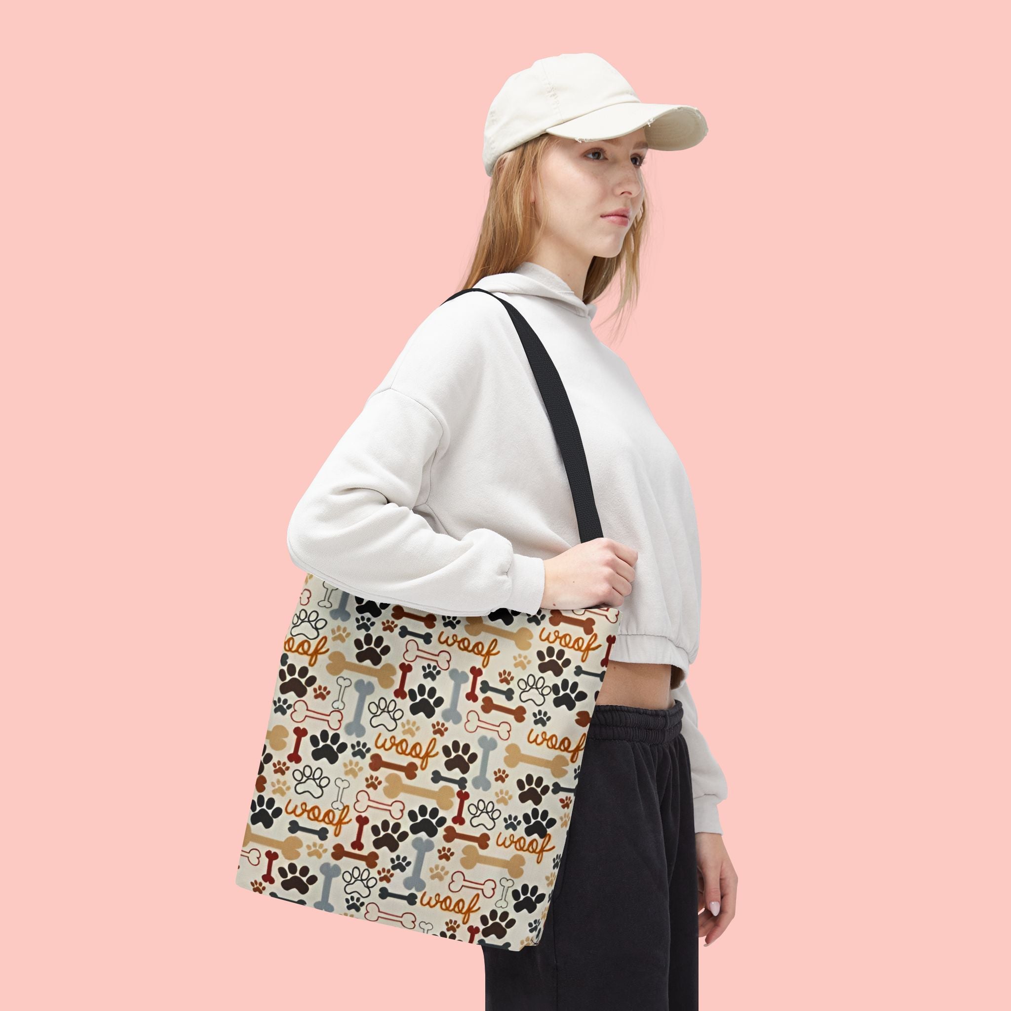 Dog Paw & Bone Pattern Tote Bag — 'Woof' All-Over Print Canvas Tote