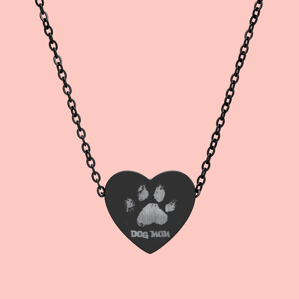 Heart Necklace — Engraved "Dog Mom" Paw Print Pendant