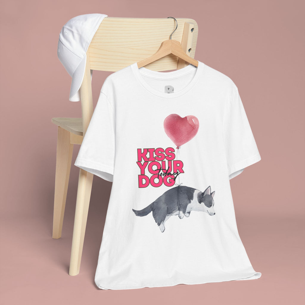 Kiss Your Dog T-Shirt — Cute Corgi with Heart Balloon Pet Lover Tee