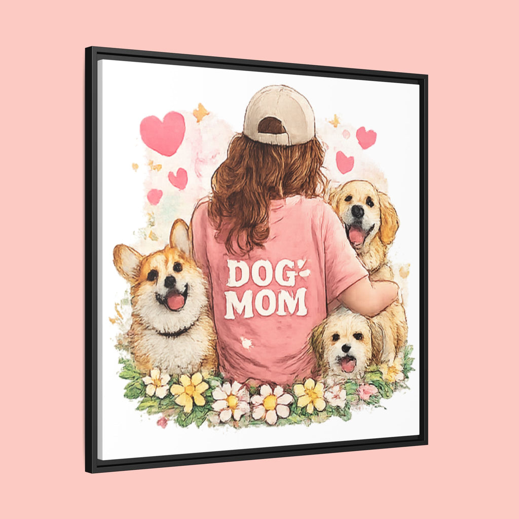 Dog Mom Canvas Print — Framed Matte Wall Art with Cute Dogs & Hearts