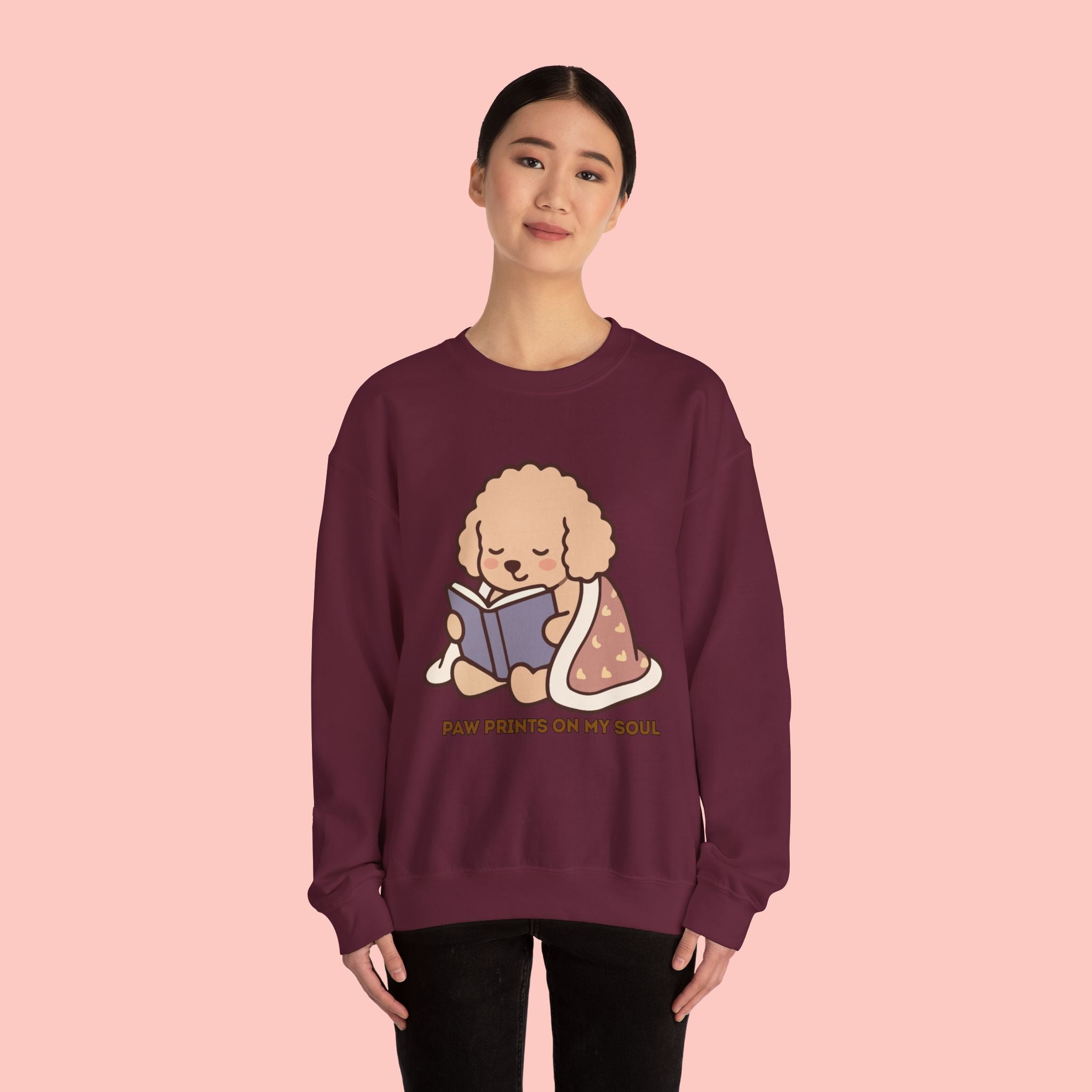 Cozy Reading Puppy Sweatshirt — "Paw Prints On My Soul" Crewneck