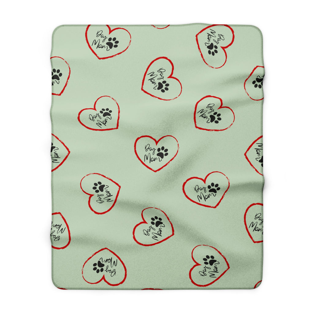 Sherpa Blanket — Mint Heart Paw Print "Dog Mom" Cozy Throw