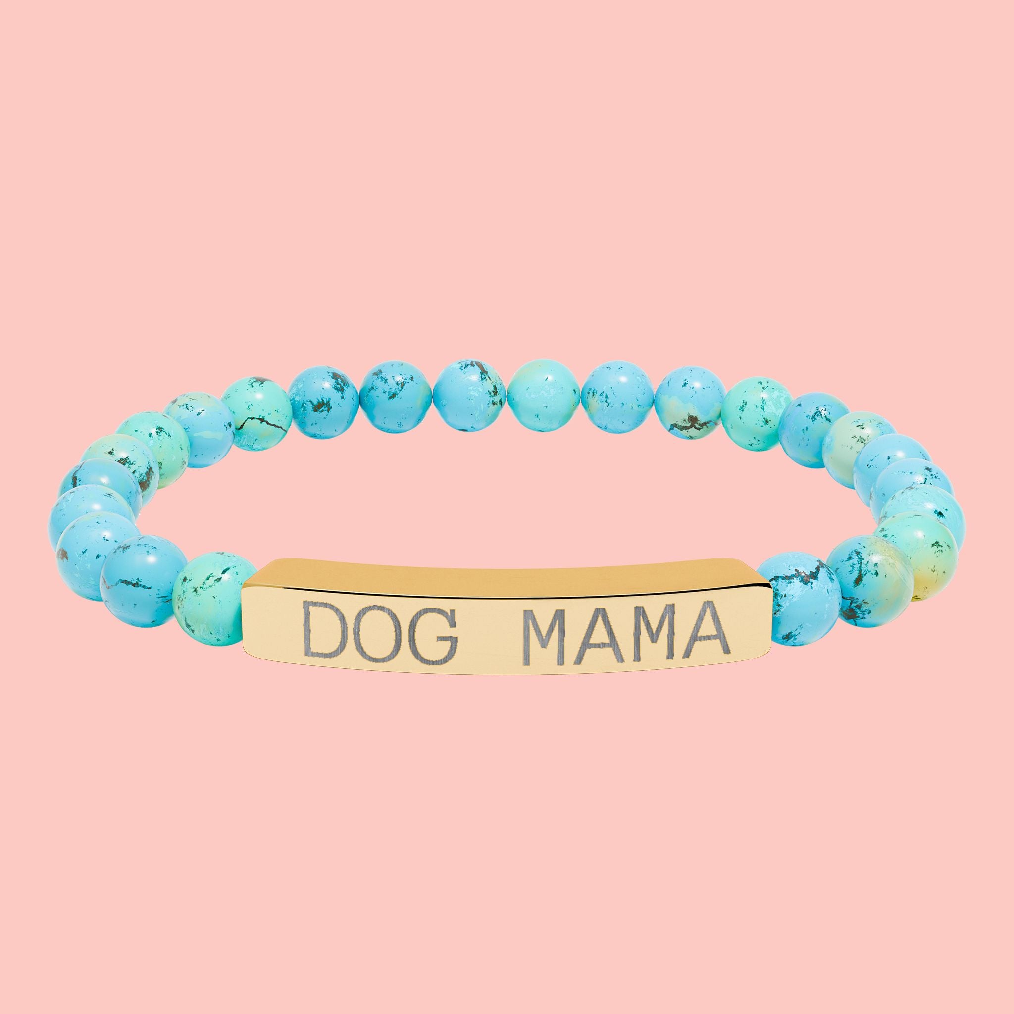 Dog Mama Natural Stone Stretch Bracelet — Engraved Bar Beaded Bracelet
