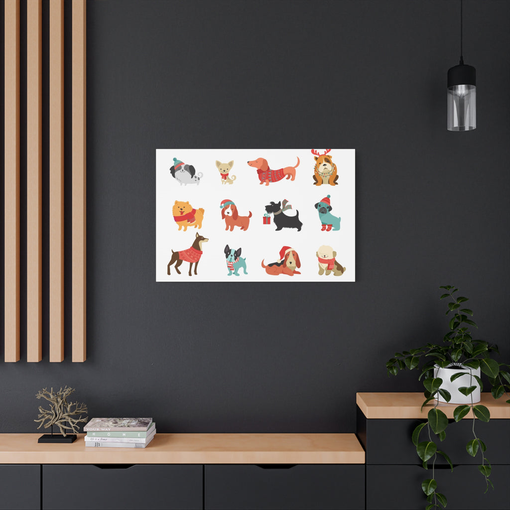 Holiday Dogs Canvas Wall Art — Cute Dachshund, Pug & Mixed Breeds in Winter Sweaters