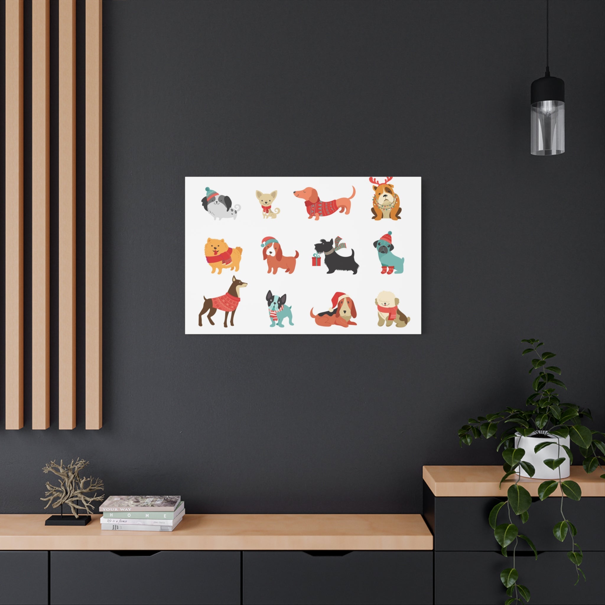 Holiday Dogs Canvas Wall Art — Cute Dachshund, Pug & Mixed Breeds in Winter Sweaters