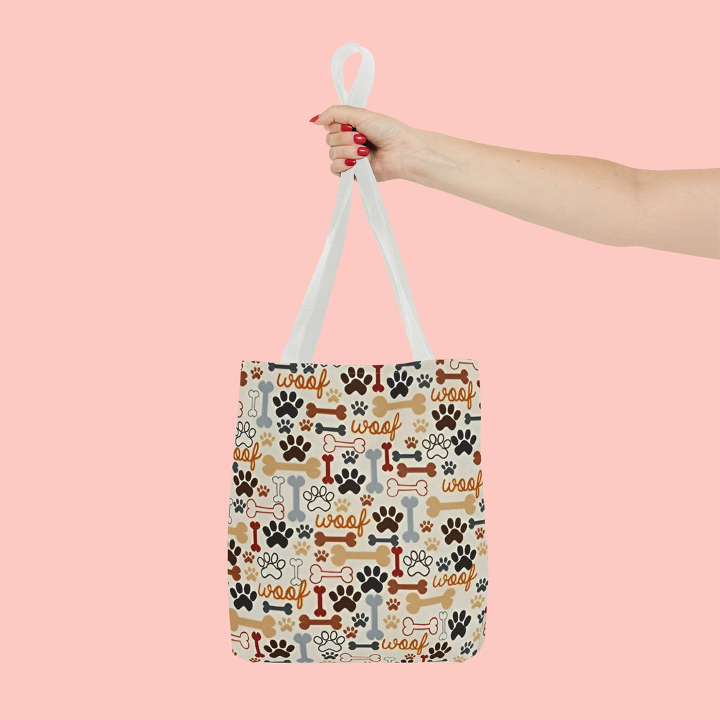 Dog Paw & Bone Pattern Tote Bag — 'Woof' All-Over Print Canvas Tote