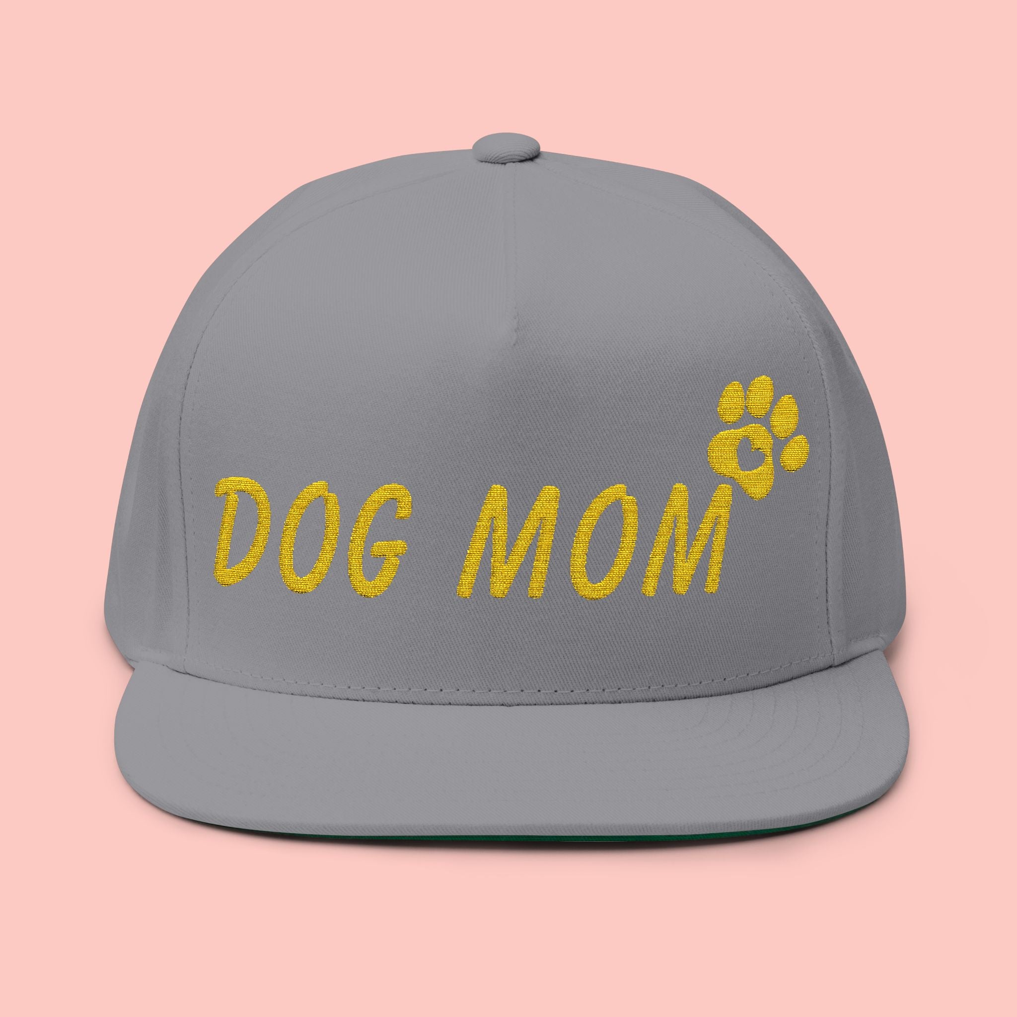 Dog Mom Embroidered Flat Bill Cap — Paw Print Snapback Hat