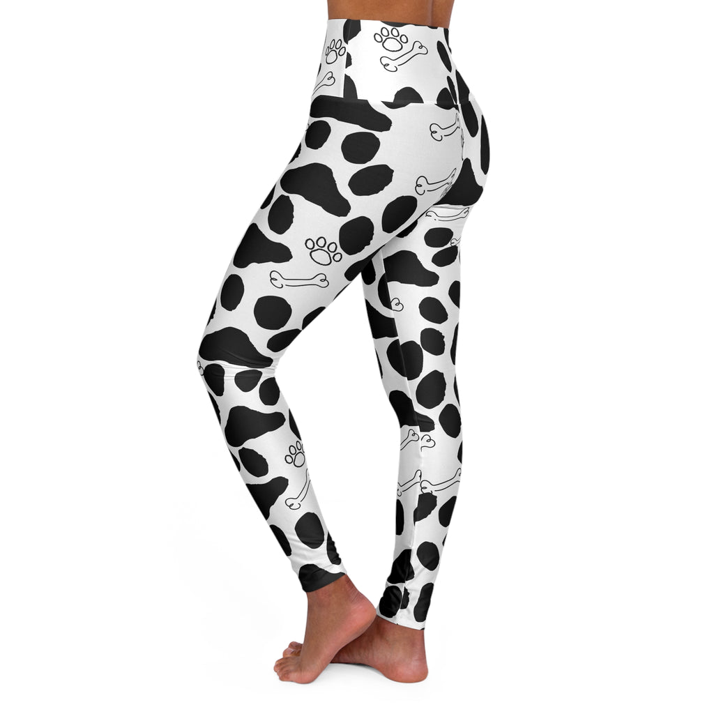 Dalmatian Spot High-Waisted Yoga Leggings — Black & White Paw Print with Bones