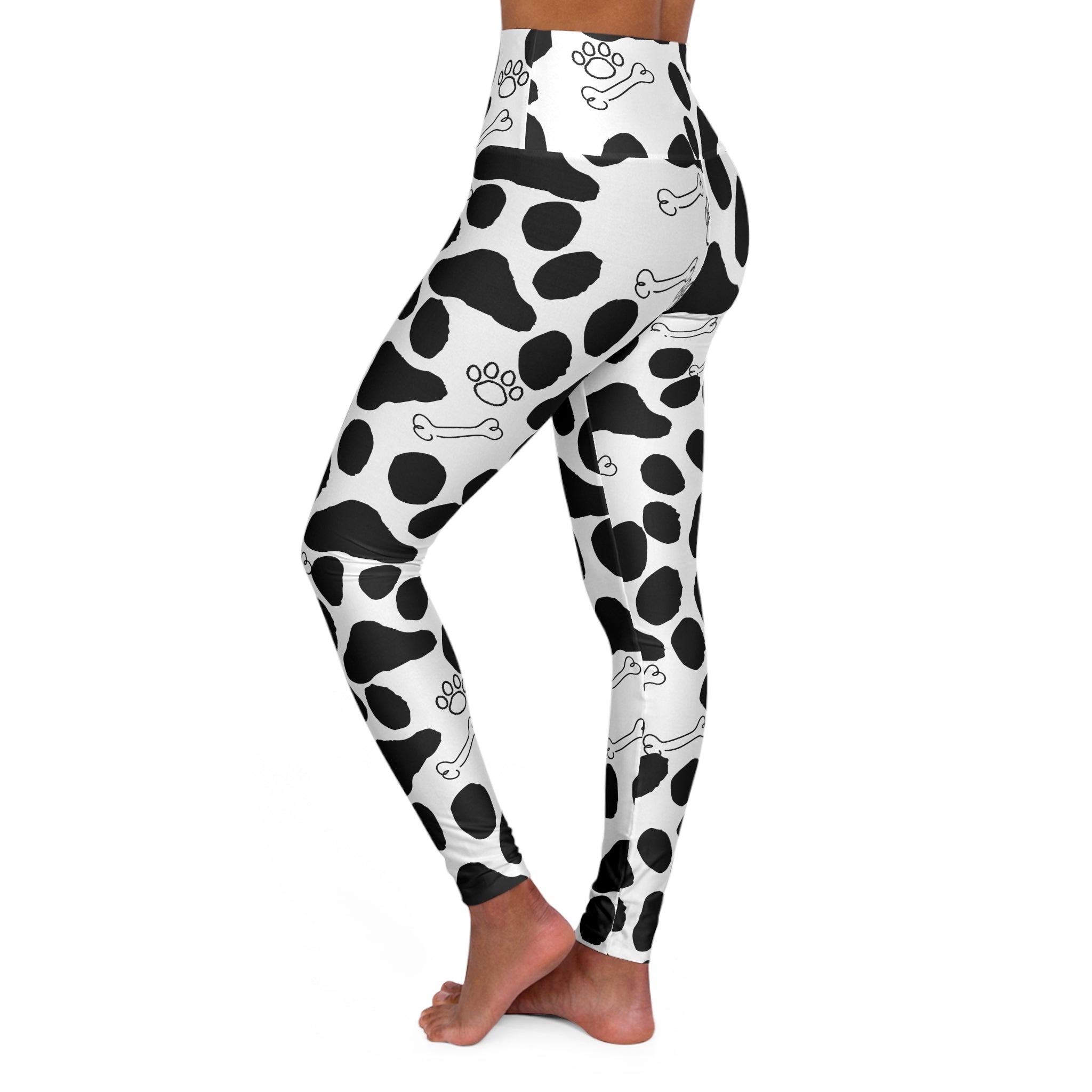 Dalmatian Spot High-Waisted Yoga Leggings — Black & White Paw Print with Bones