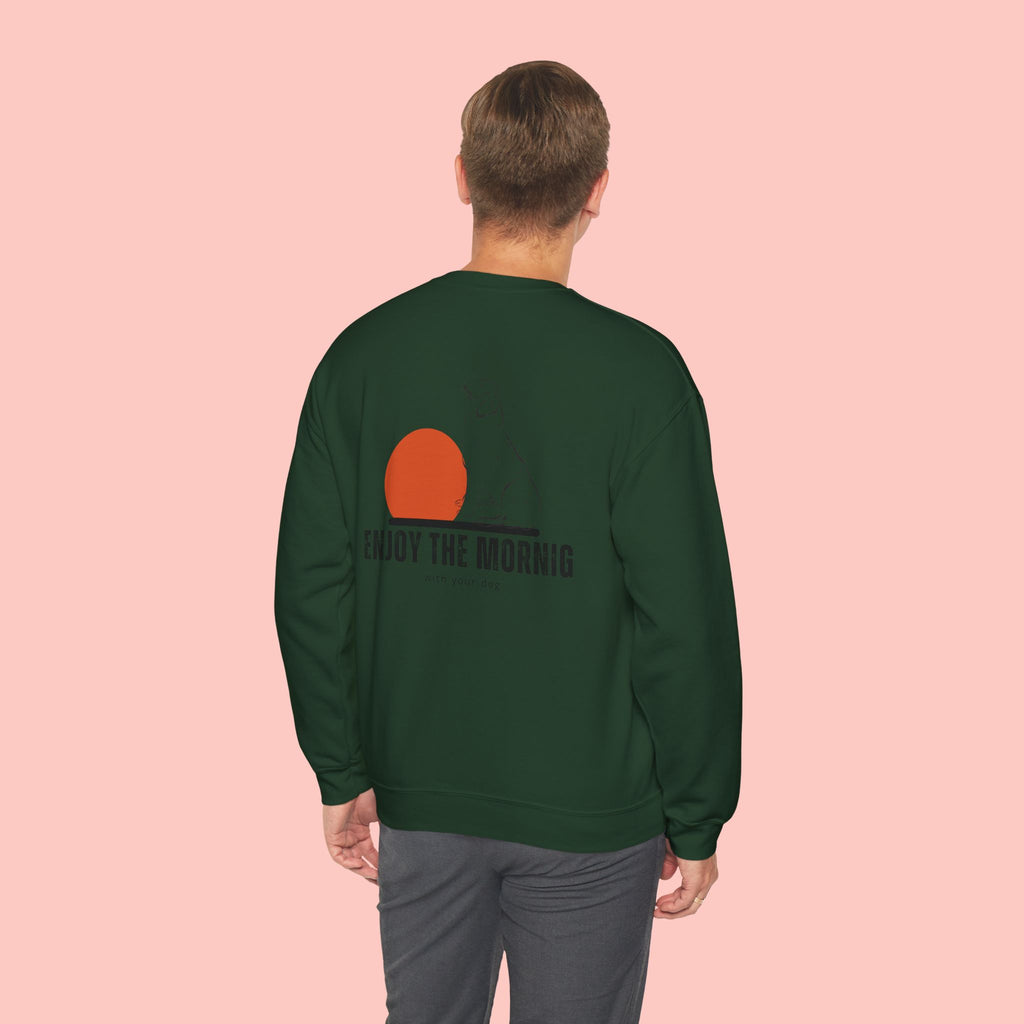 Enjoy the Morning Crewneck Sweatshirt — Dog & Sunrise Graphic