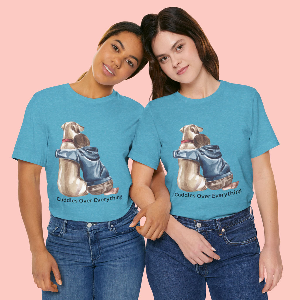 Cuddles Over Everything Tee — Boy Hugging Dog Animal Lover T-Shirt