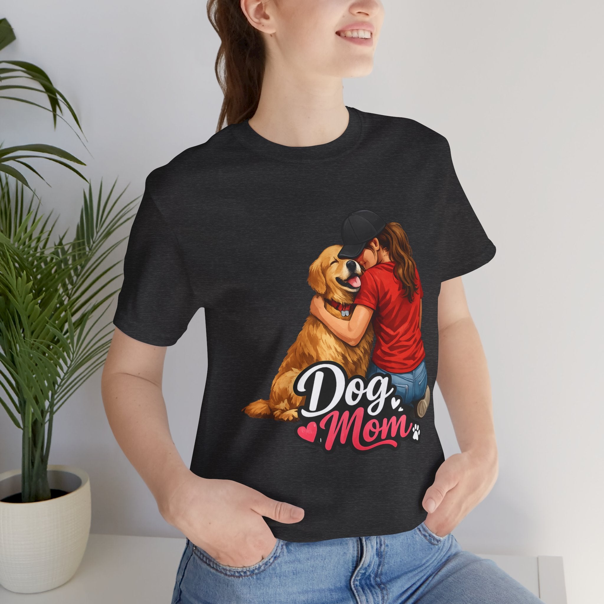 Dog Mom T-Shirt - Cute Woman Hugging Golden Retriever Tee