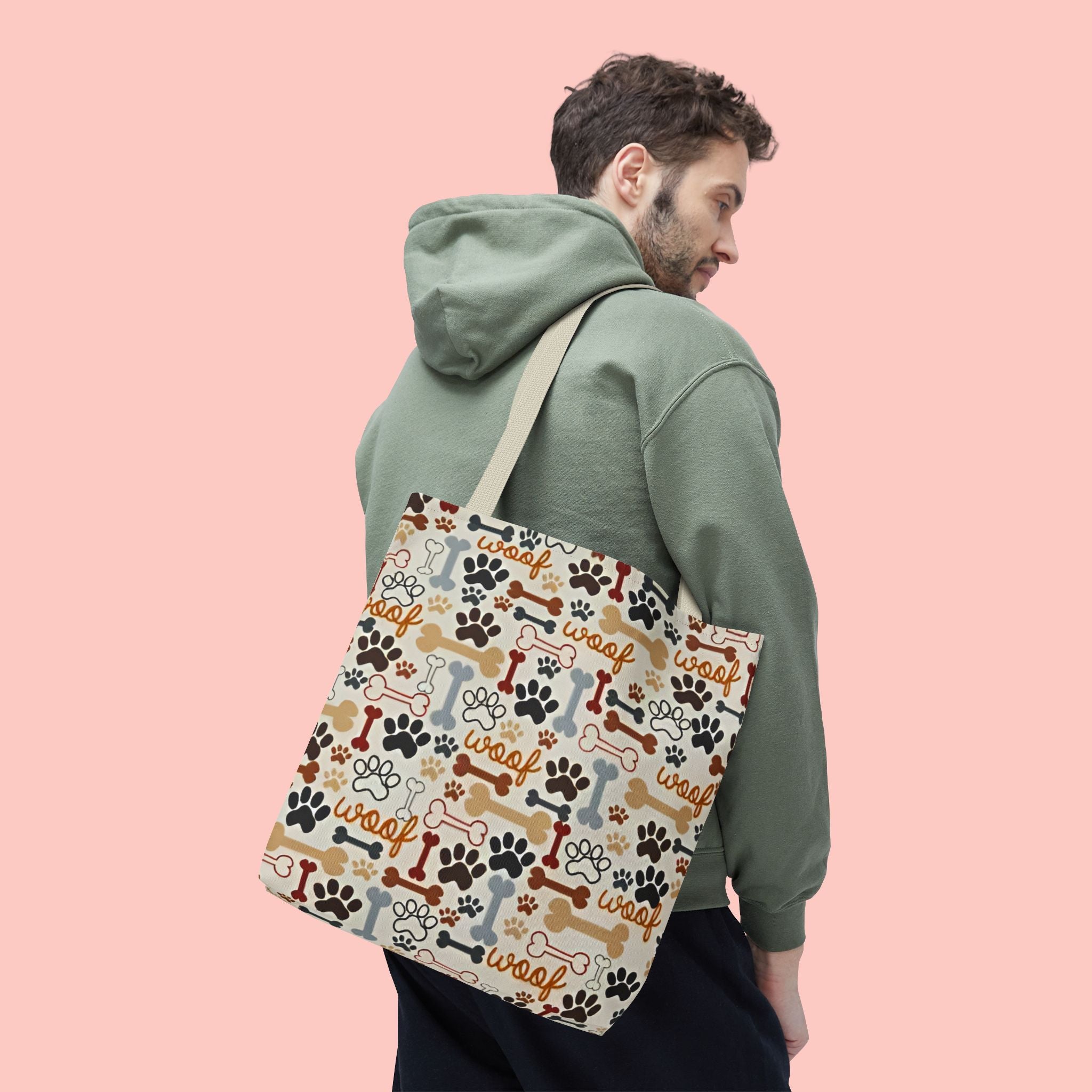 Dog Paw & Bone Pattern Tote Bag — 'Woof' All-Over Print Canvas Tote