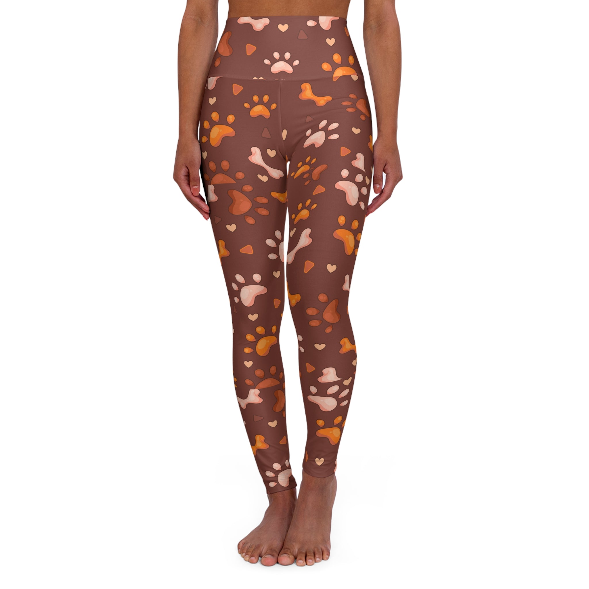 Brown Paw Print High-Waisted Yoga Leggings — Cute Cat & Dog Paws Pattern