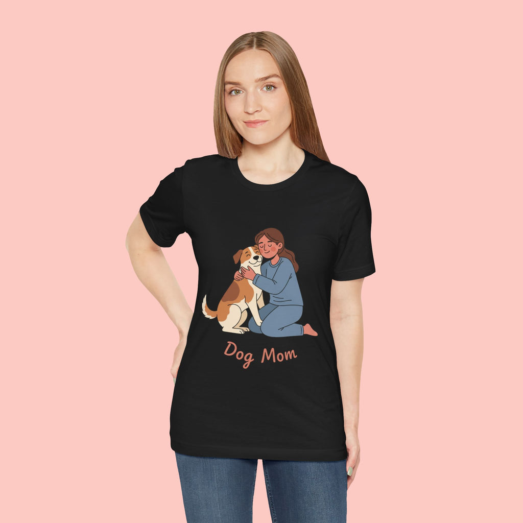 Dog Mom T‑Shirt — Cute Woman Hugging Dog Graphic Tee
