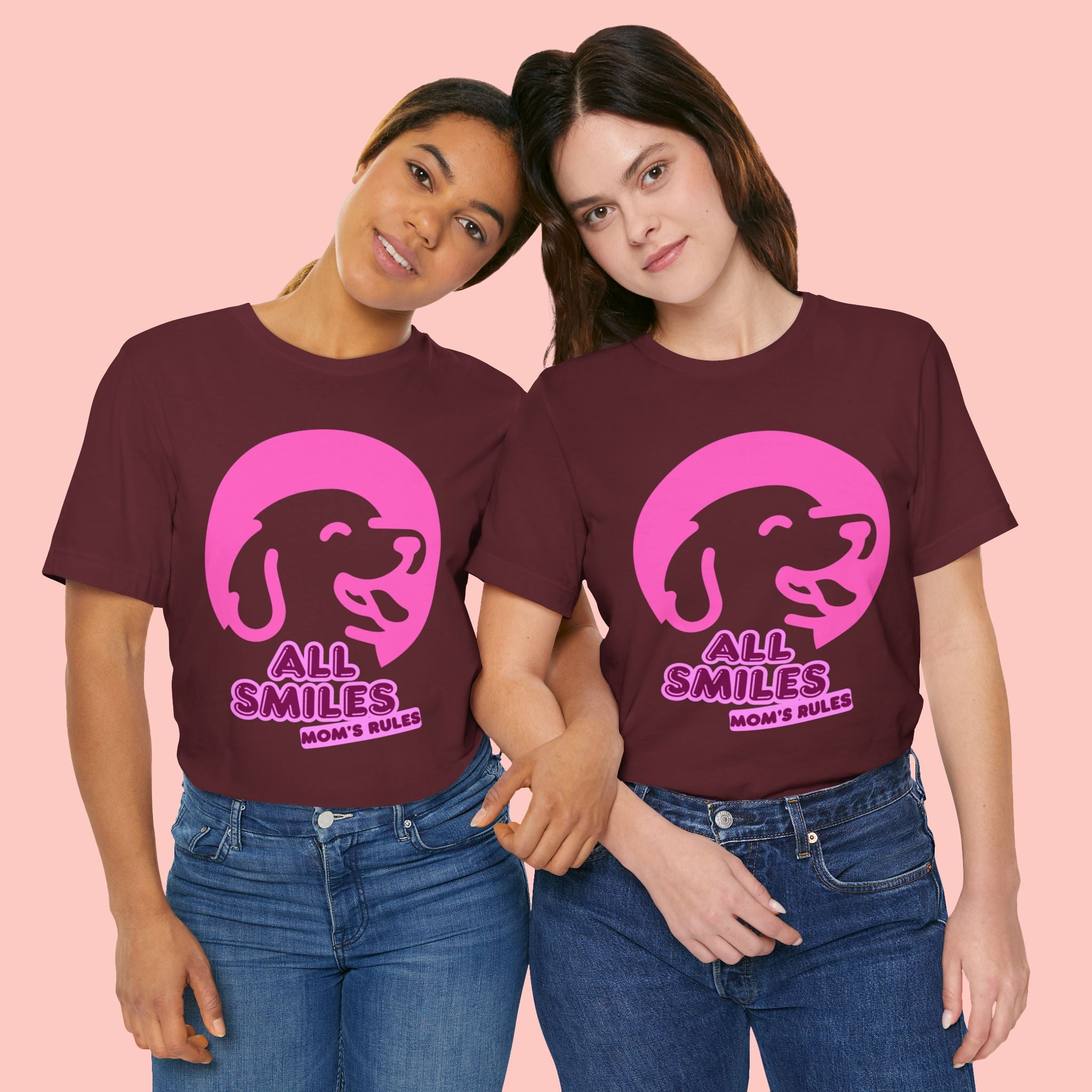 All Smiles Mom's Rules T-Shirt — Cute Pink Dog Graphic Tee for Moms & Pet Lovers