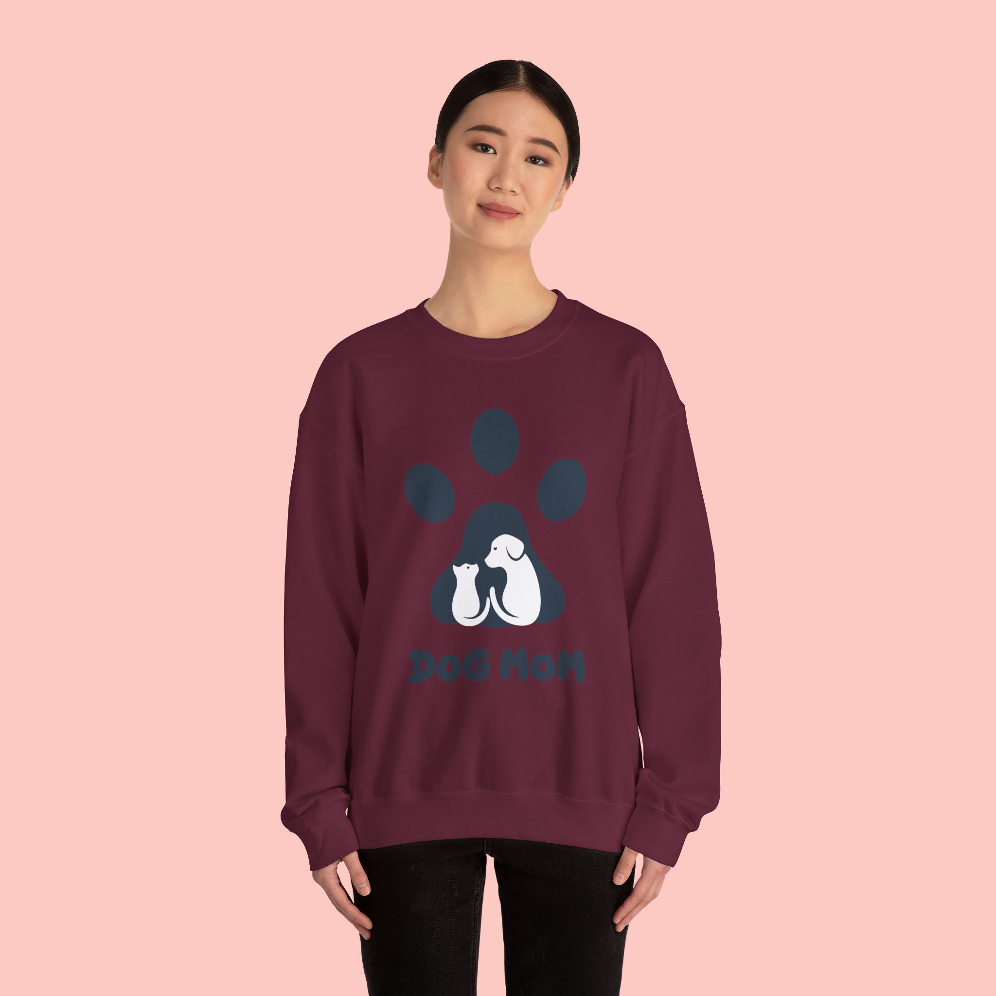 Dog Mom Crewneck Sweatshirt - Paw Print & Silhouette Graphic