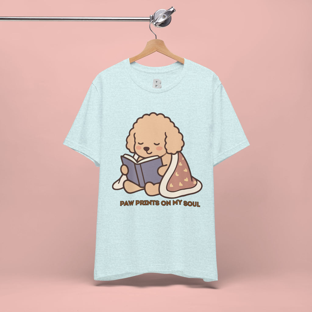 Paw Prints On My Soul T‑Shirt — Cute Reading Puppy Graphic Tee