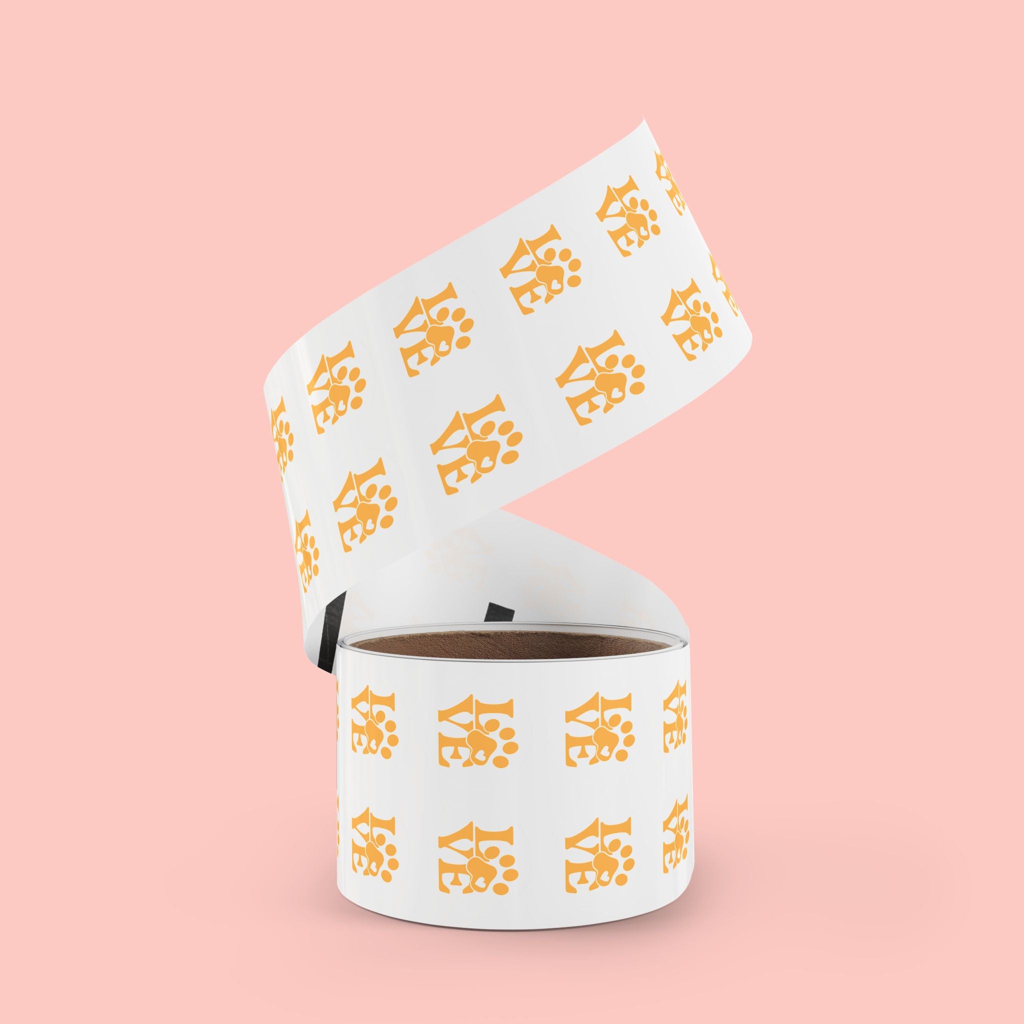 Round Pet Love Sticker Labels — Paw Print "LOVE" Roll
