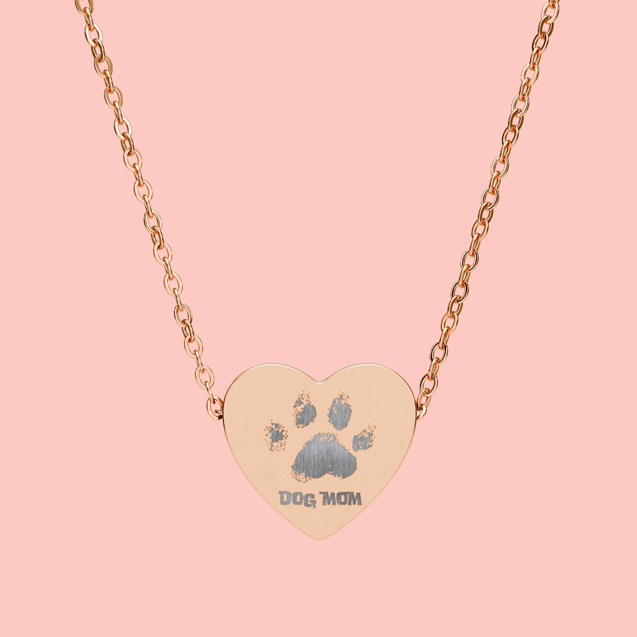 Heart Necklace — Engraved "Dog Mom" Paw Print Pendant