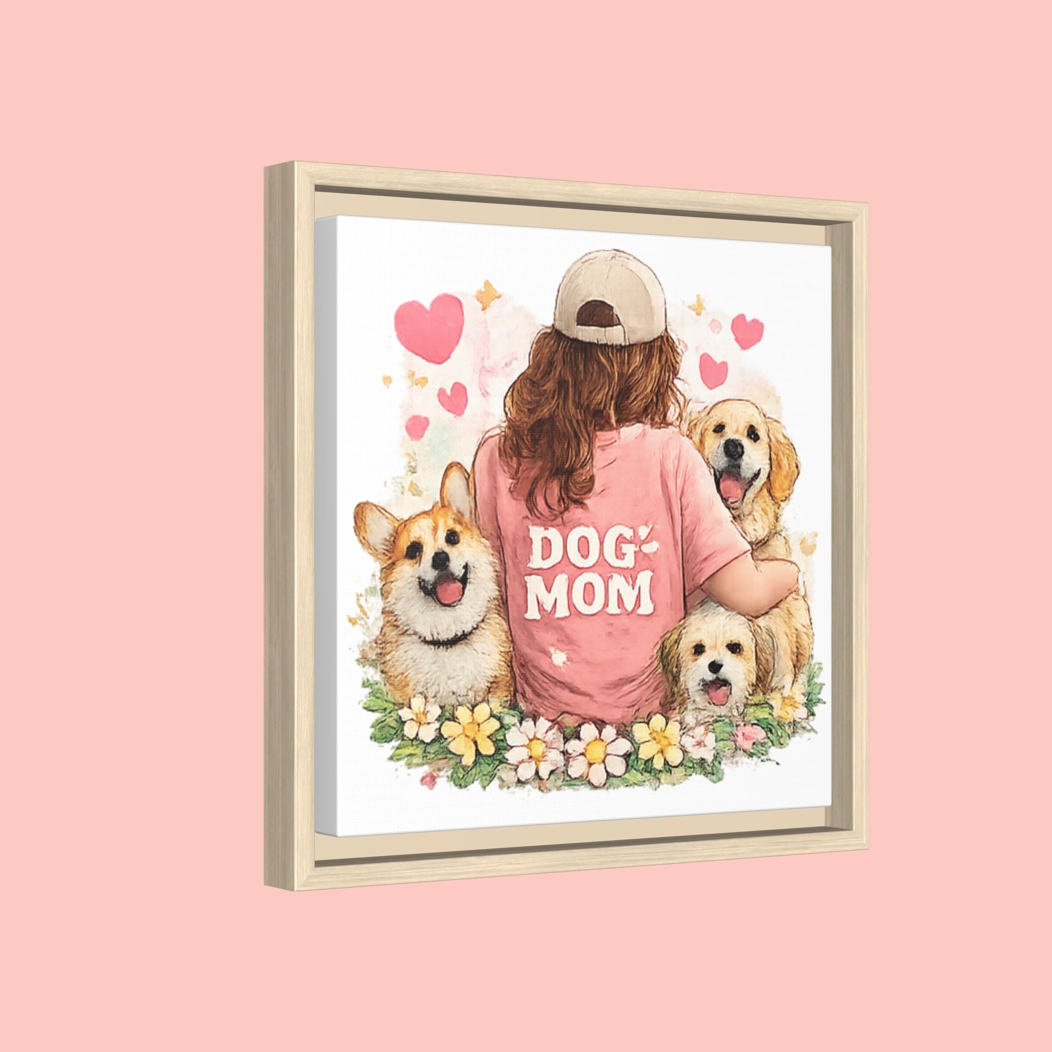 Dog Mom Canvas Print — Framed Matte Wall Art with Cute Dogs & Hearts