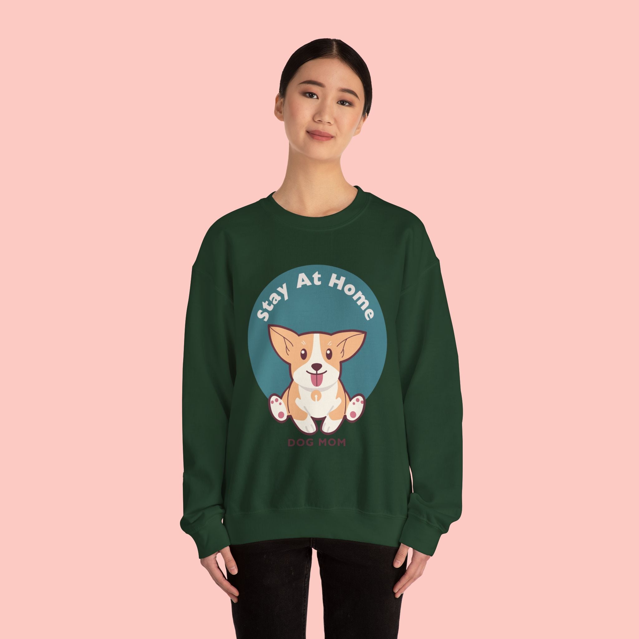 Stay At Home Dog Mom Crewneck Sweatshirt — Cute Corgi Graphic Sweatshirt