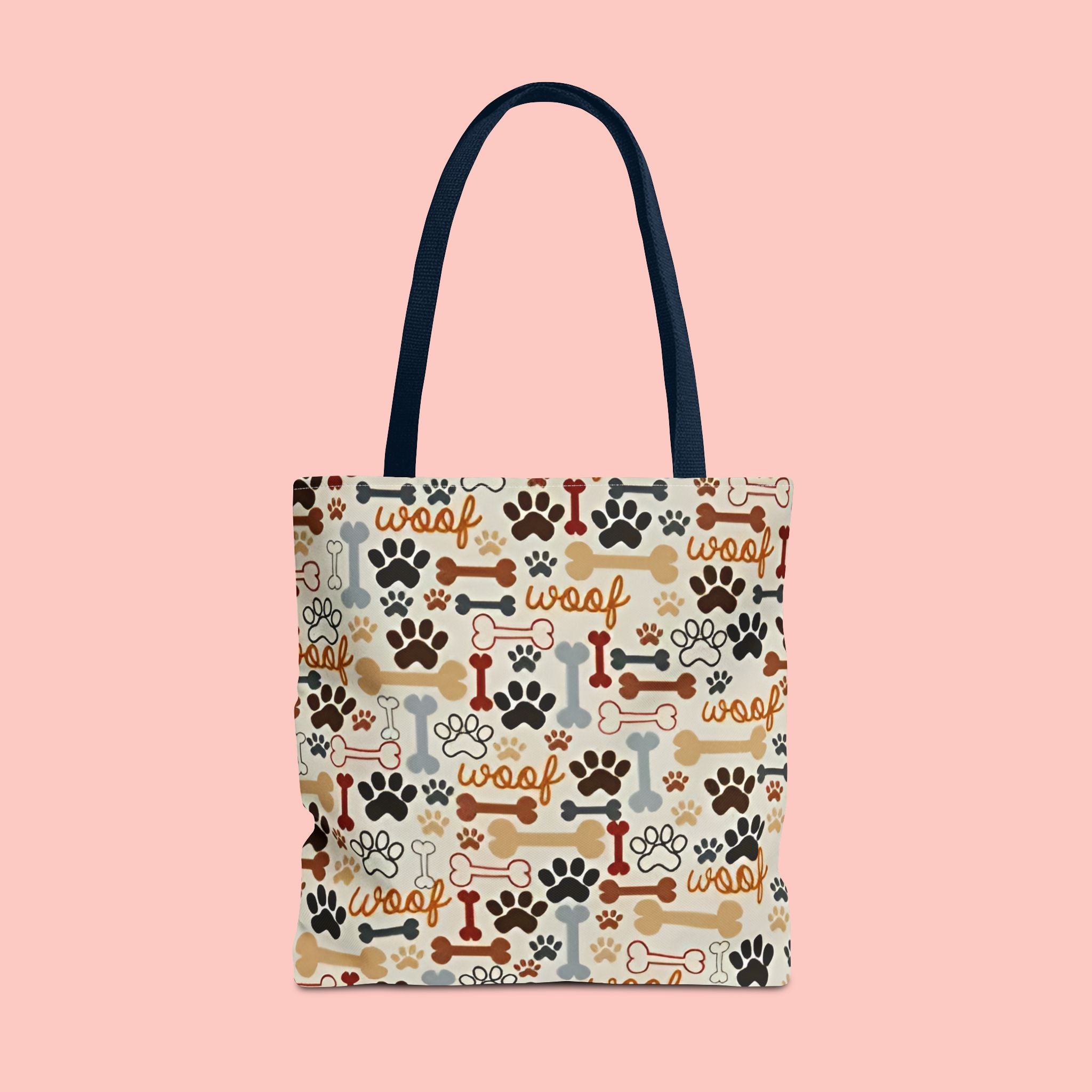 Dog Paw & Bone Pattern Tote Bag — 'Woof' All-Over Print Canvas Tote