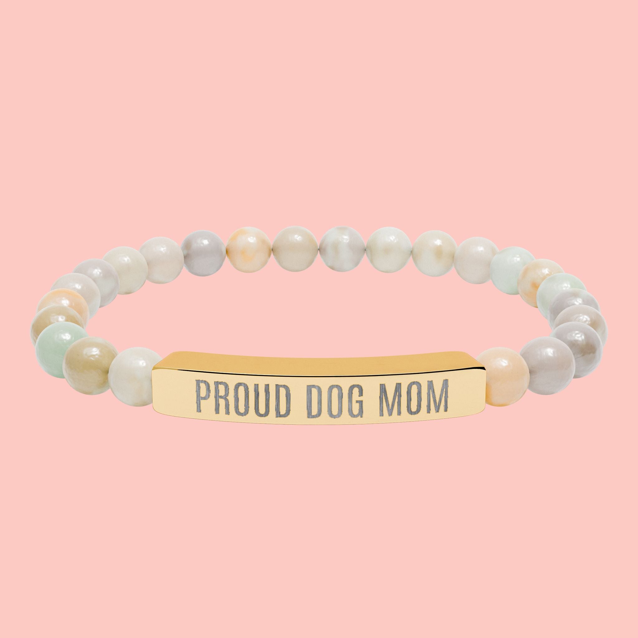 Proud Dog Mom Natural Stone Stretch Bracelet – Engraved Bar Gift for Pet Lovers