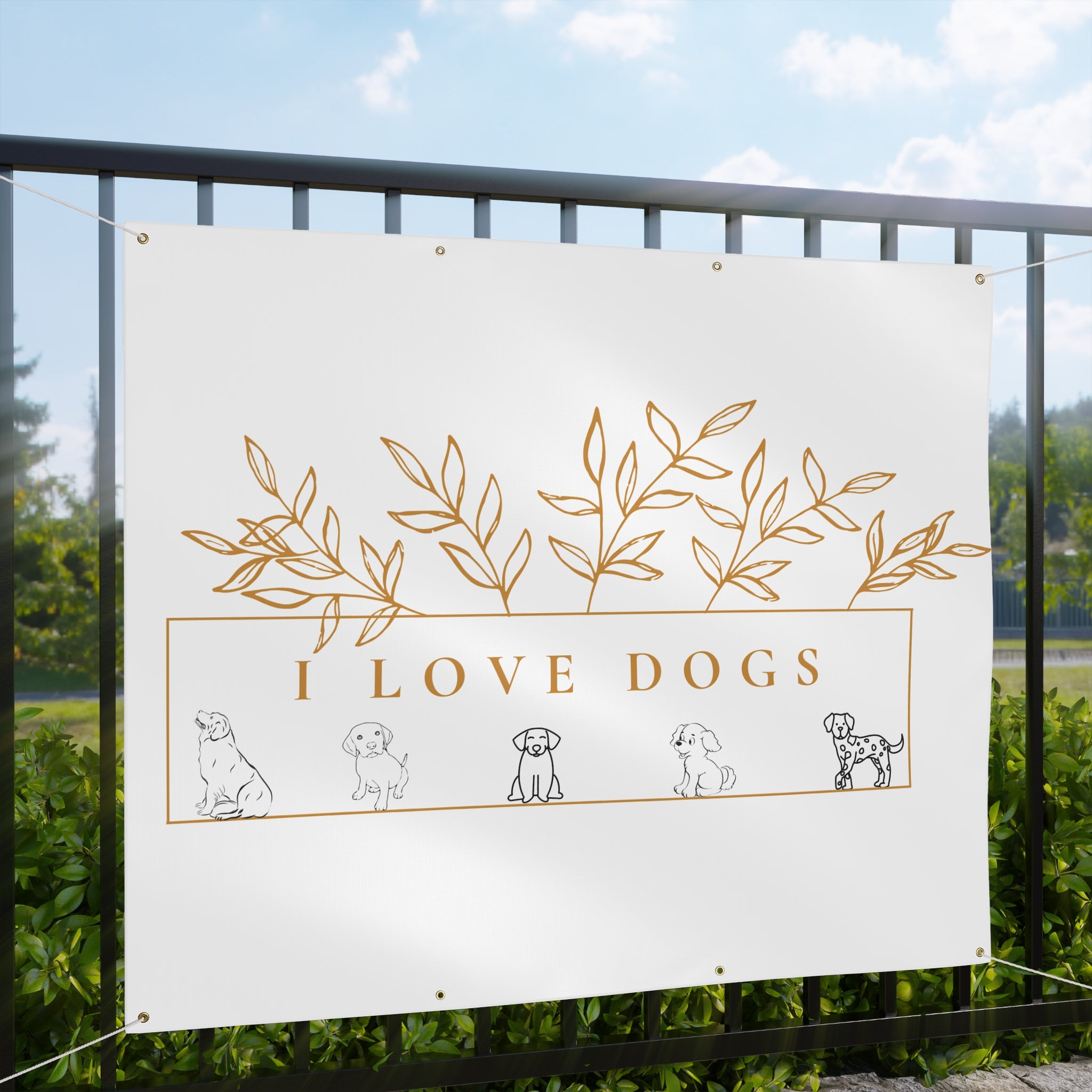 Matte Banner — I Love Dogs Decorative Outdoor/Indoor Sign with Gold Leaf Illustration