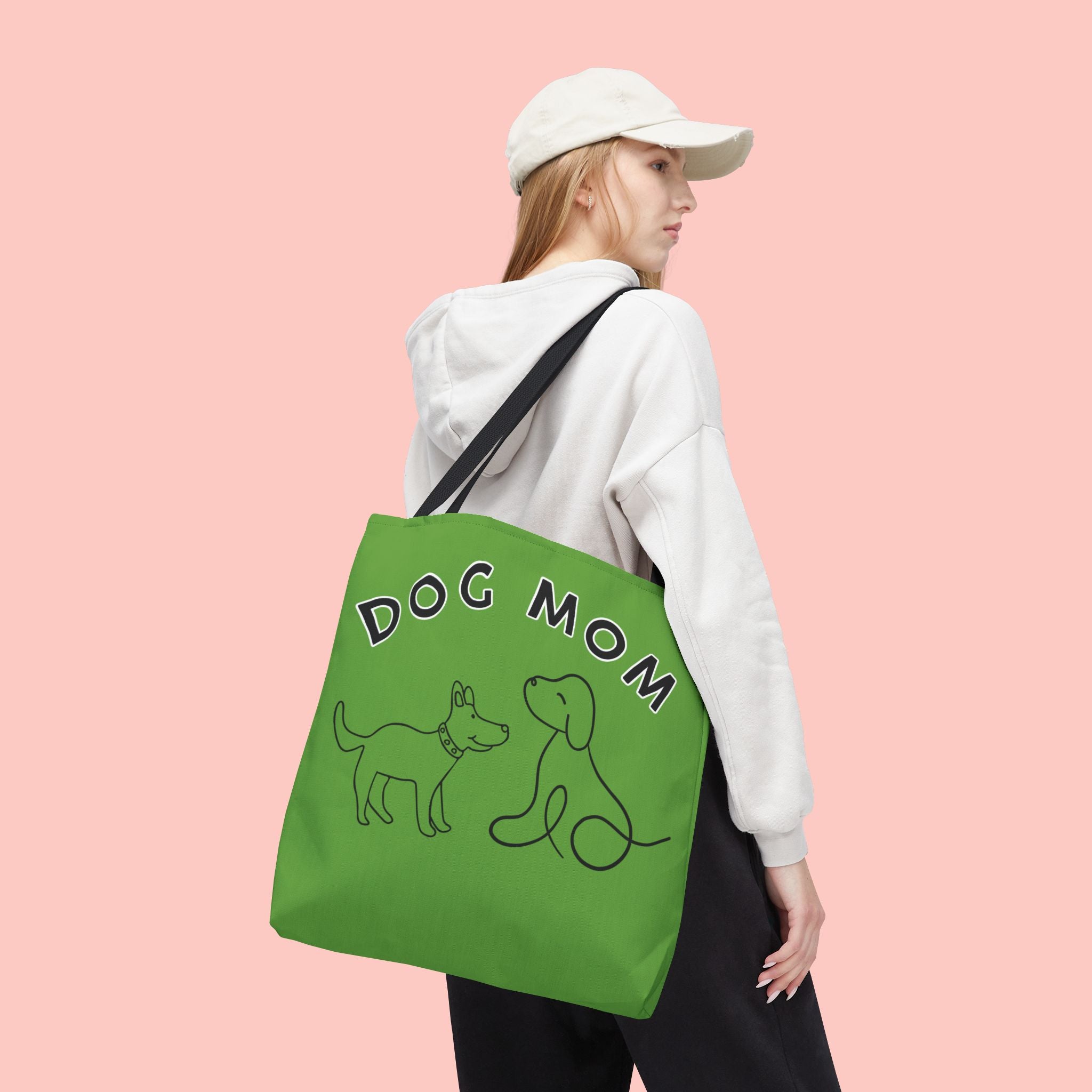 Dog Mom Tote Bag — Green All-Over-Print Cute Line-Drawing Dogs