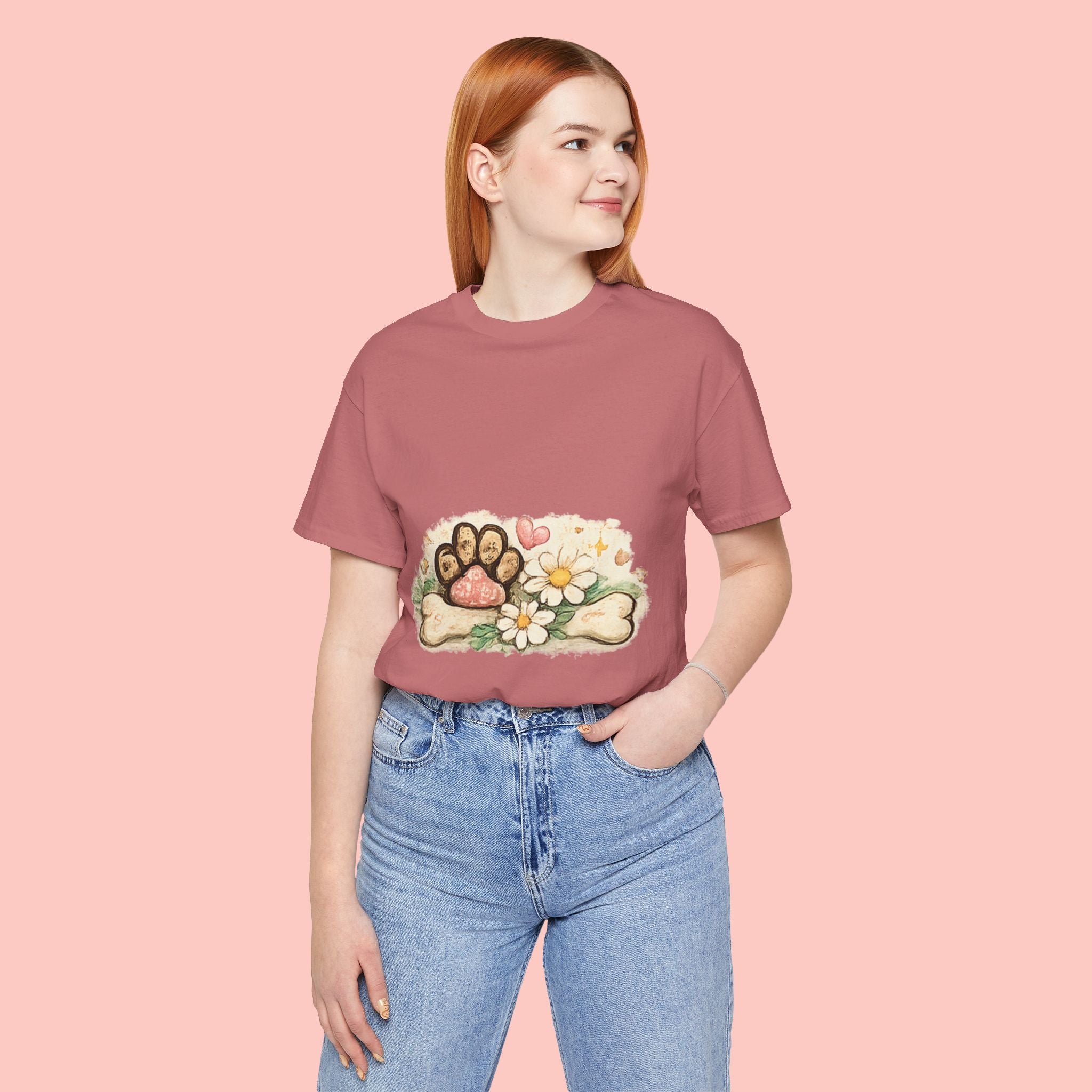 Dog Paw Floral T-Shirt — Cute Paw Print, Bone & Daisies Tee