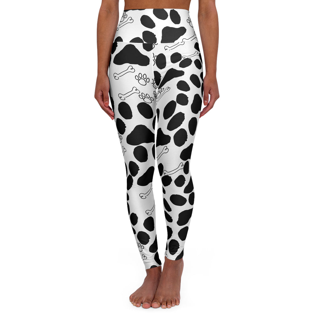 Dalmatian Spot High-Waisted Yoga Leggings — Black & White Paw Print with Bones