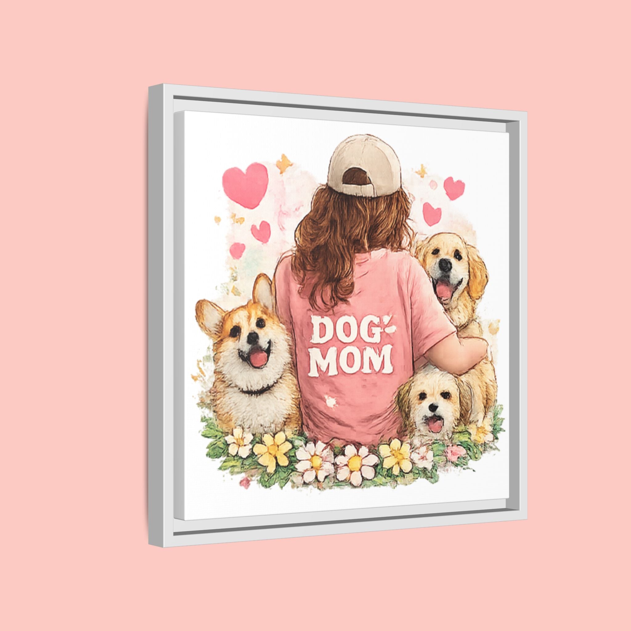 Dog Mom Canvas Print — Framed Matte Wall Art with Cute Dogs & Hearts