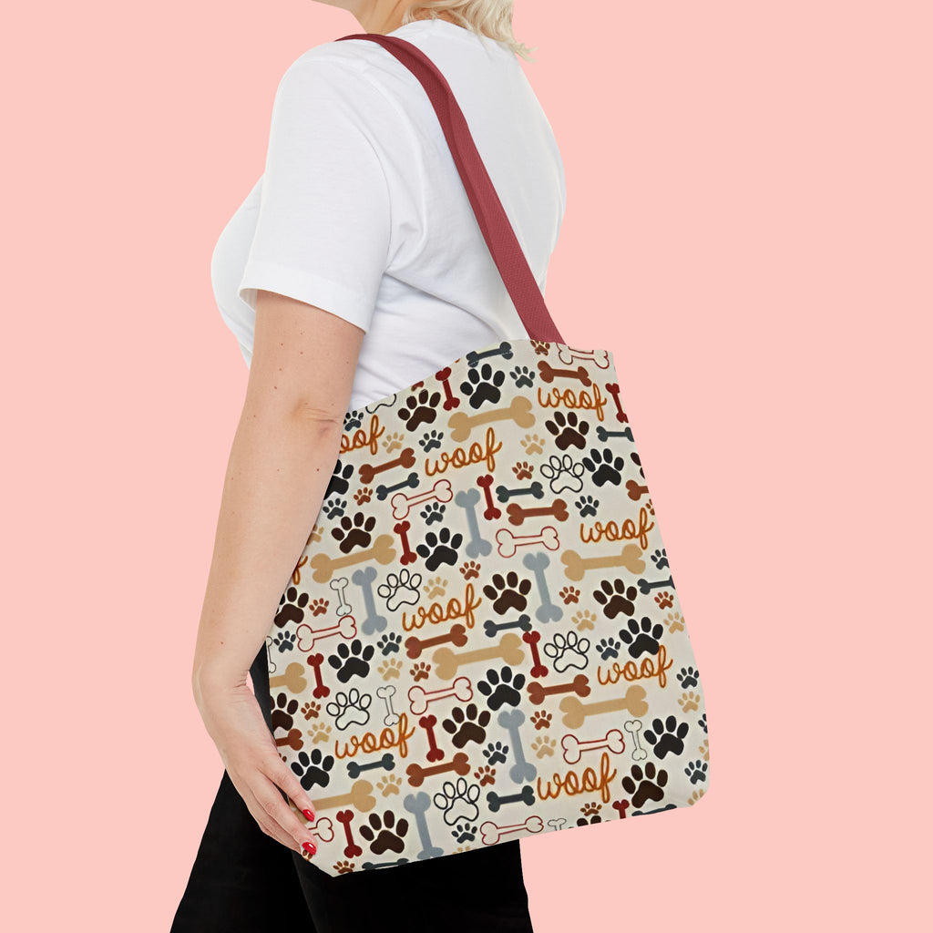 Dog Paw & Bone Pattern Tote Bag — 'Woof' All-Over Print Canvas Tote
