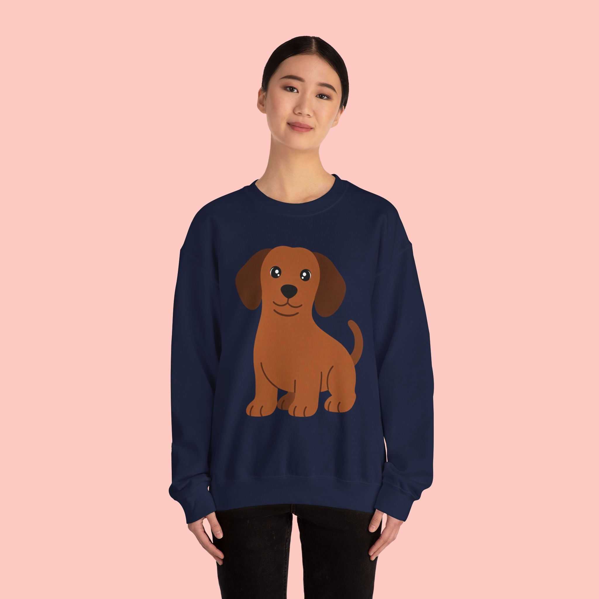 Cute Brown Puppy Sweatshirt — Cartoon Dachshund Crewneck for Dog Lovers