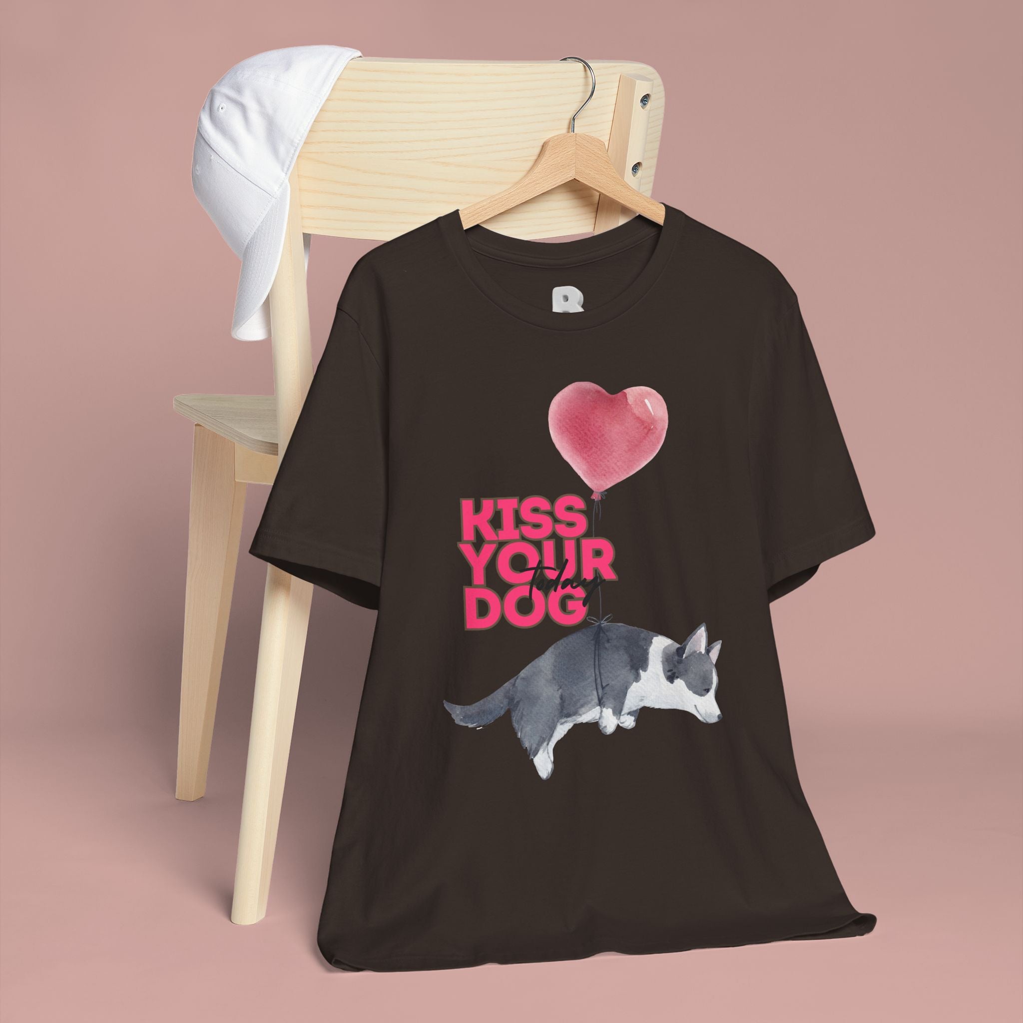 Kiss Your Dog T-Shirt — Cute Corgi with Heart Balloon Pet Lover Tee