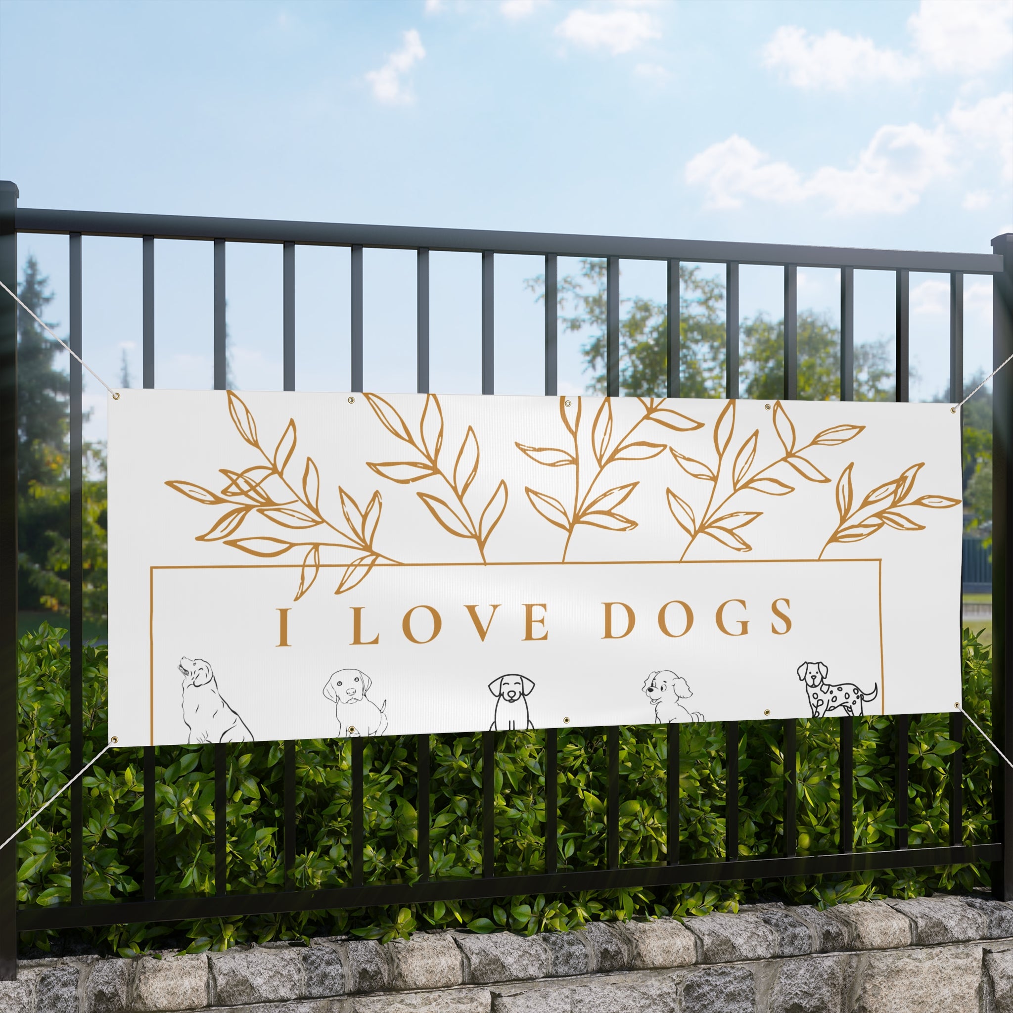 Matte Banner — I Love Dogs Decorative Outdoor/Indoor Sign with Gold Leaf Illustration