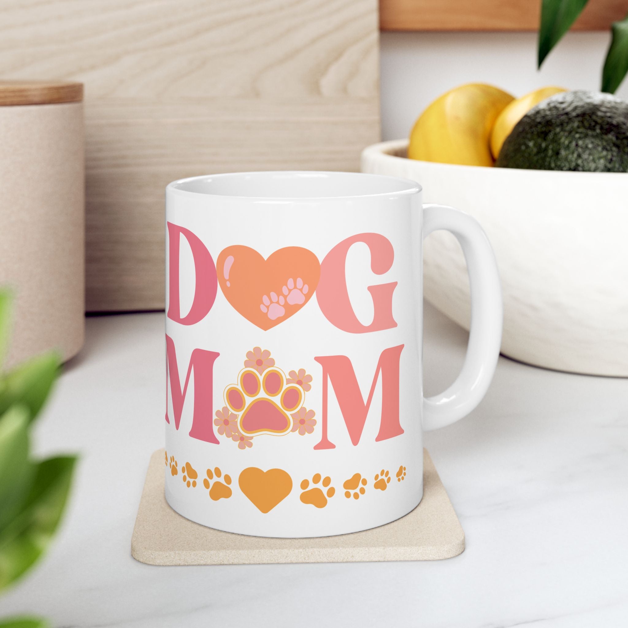 Dog Mom Ceramic Mug — Paw Print Heart Coffee Cup (11oz & 15oz)