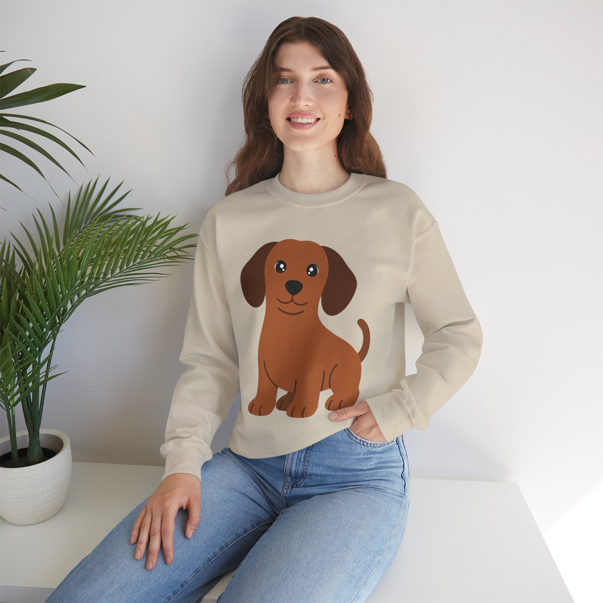 Cute Brown Puppy Sweatshirt — Cartoon Dachshund Crewneck for Dog Lovers