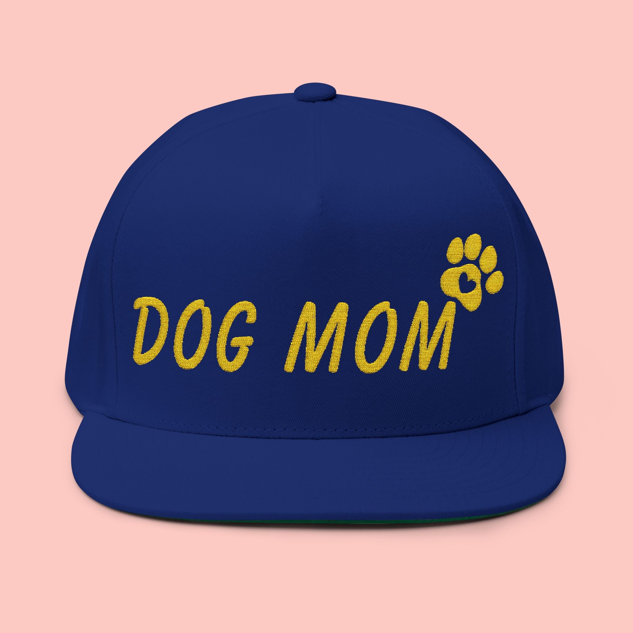 Dog Mom Embroidered Flat Bill Cap — Paw Print Snapback Hat