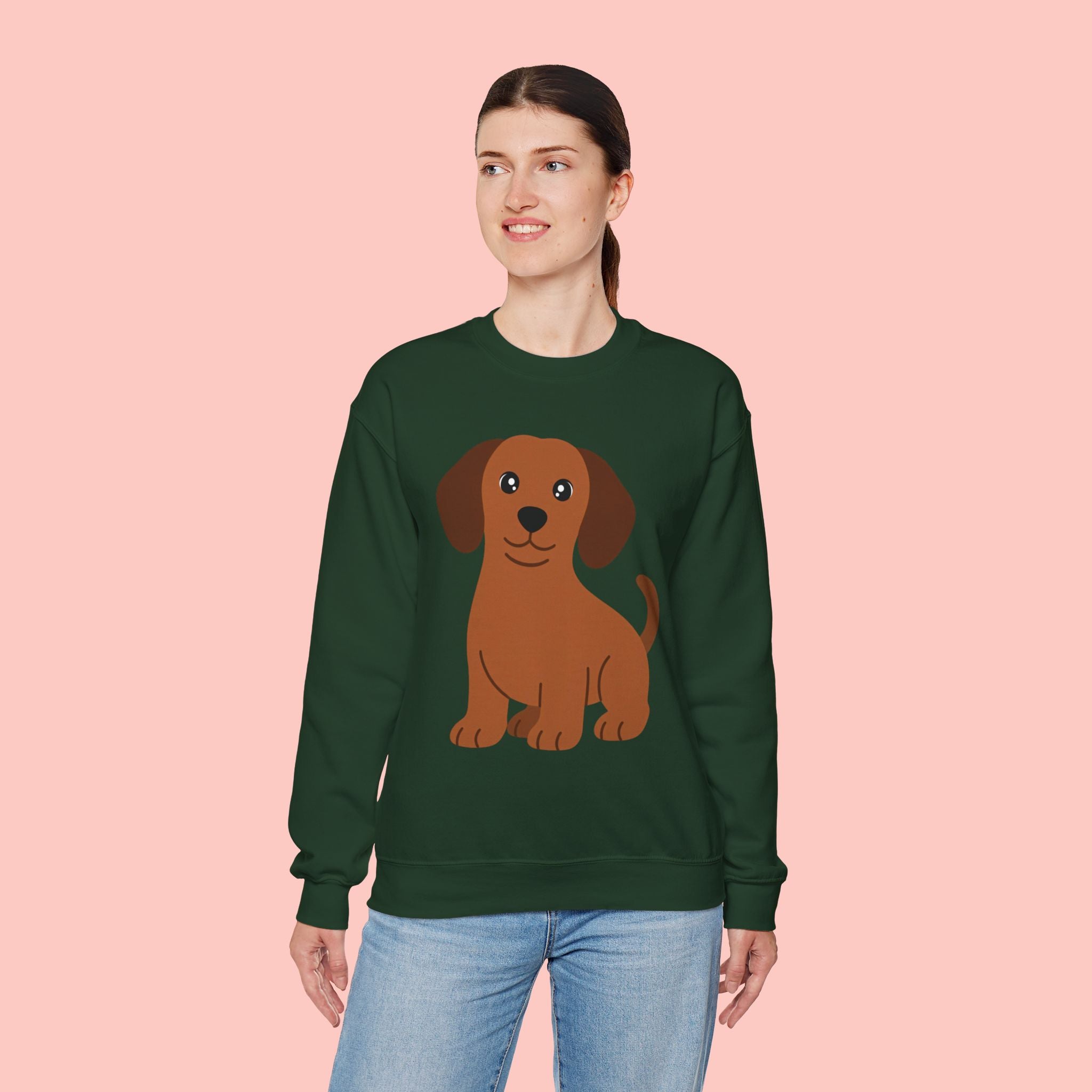 Cute Brown Puppy Sweatshirt — Cartoon Dachshund Crewneck for Dog Lovers