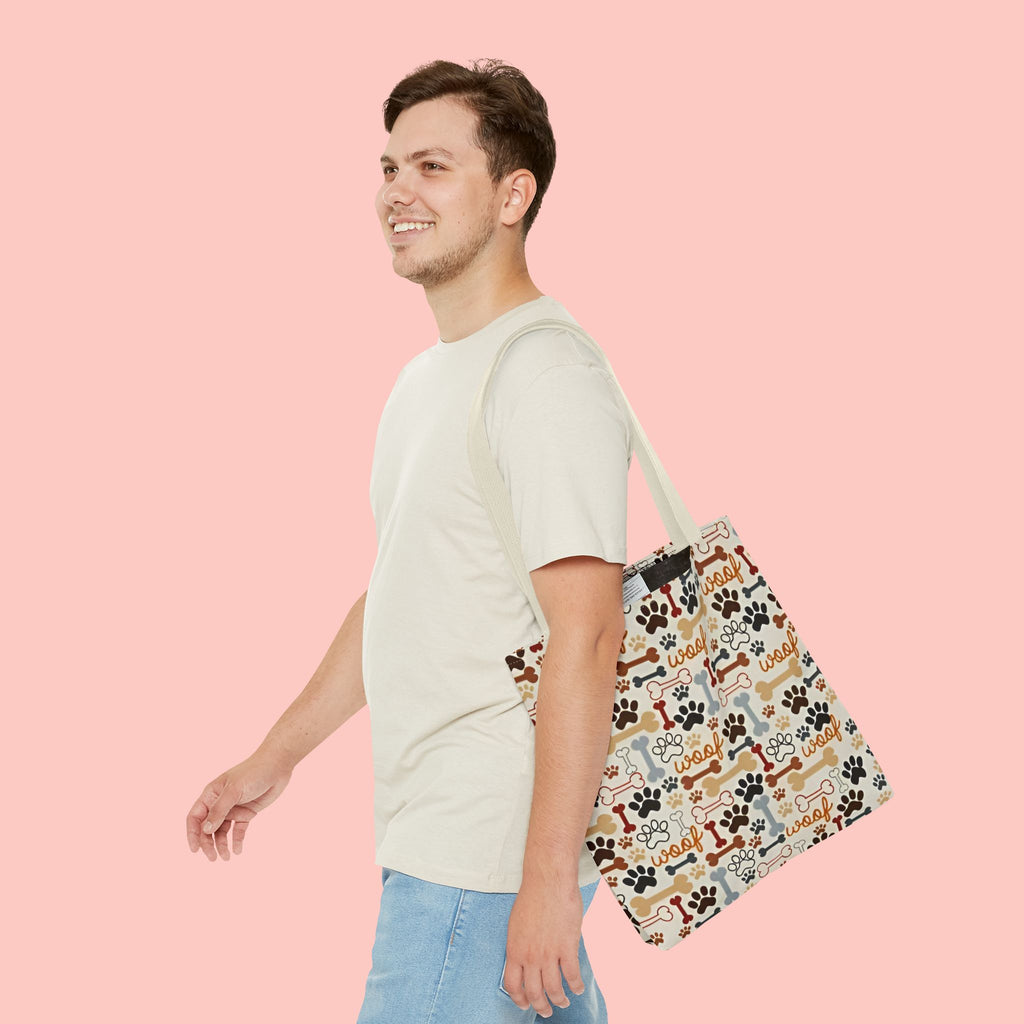Dog Paw & Bone Pattern Tote Bag — 'Woof' All-Over Print Canvas Tote
