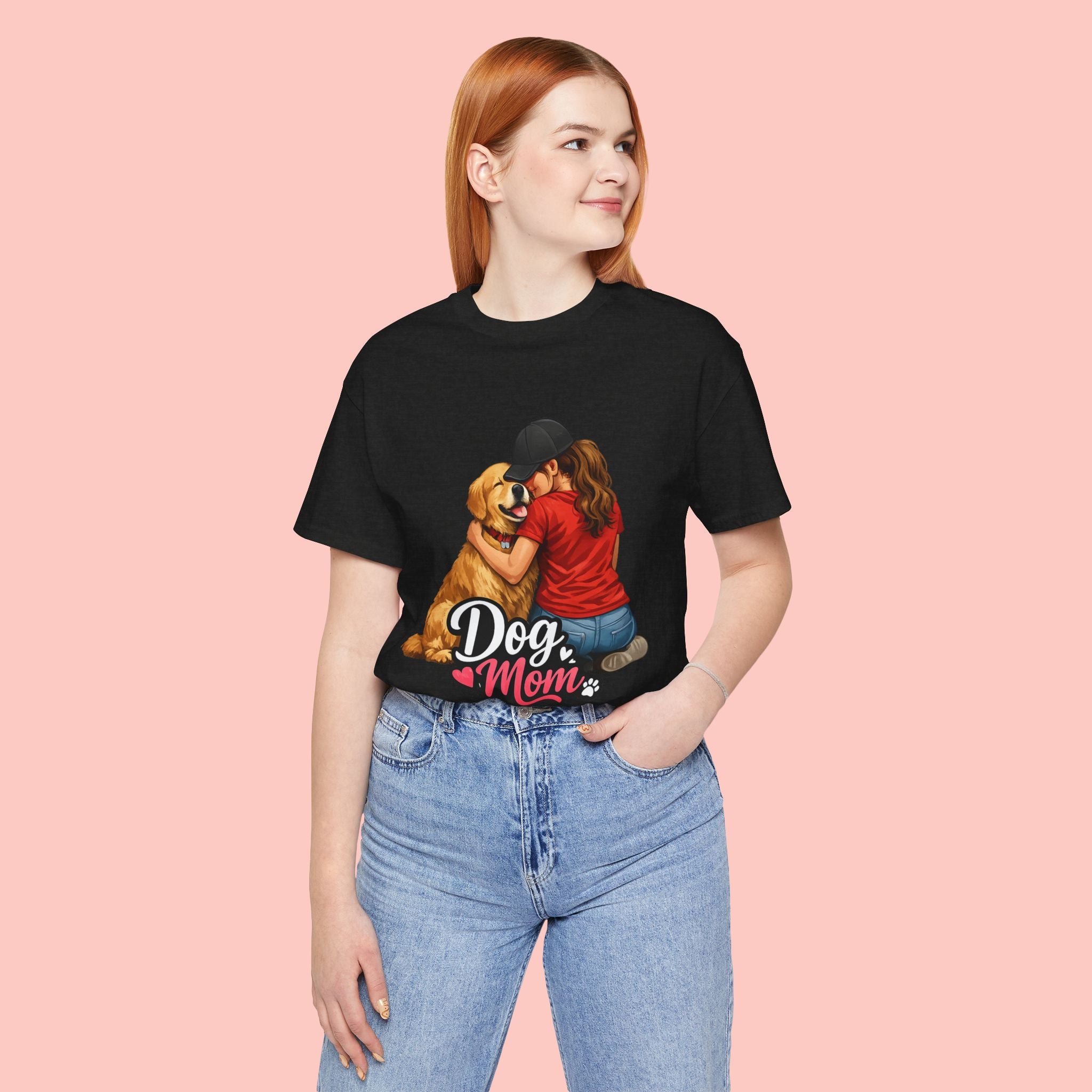 Dog Mom T-Shirt - Cute Woman Hugging Golden Retriever Tee